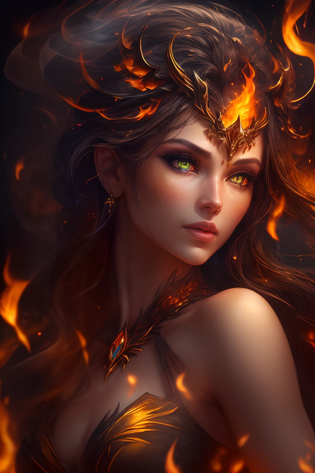 This (realistic fantasy) art contains embers, real flames, real heat, and realistic fire. Generate a masterpiece artwork of a ite female fire druid with large (((orange and gold))) eyes. The fire druid is awe-inspiring with beautiful ((realistic fiery eyes)) alight with confidence and power. Her features are elegant and well defined, with ((soft)) and (((puffy))) and (((smooth))) lips, elven bone structure, and realistic shading. Her eyes are important and should be the focal point of this artwork, with ((extremely realistic details, macro details, and shimmer.)) She is wearing a billowing and glittering dress ((made of realistic flames)) and jewels that glimmer in the fire light. Wisps of fire and smoke line the intricate bodice of the dress. Include bumps, stones, fiery iridescence, glowing embers, silk and satin and leather, an interesting background, and heavy fantasy elements. Camera: Utilize dynamic composition techniques to enhance the realistic flames.
