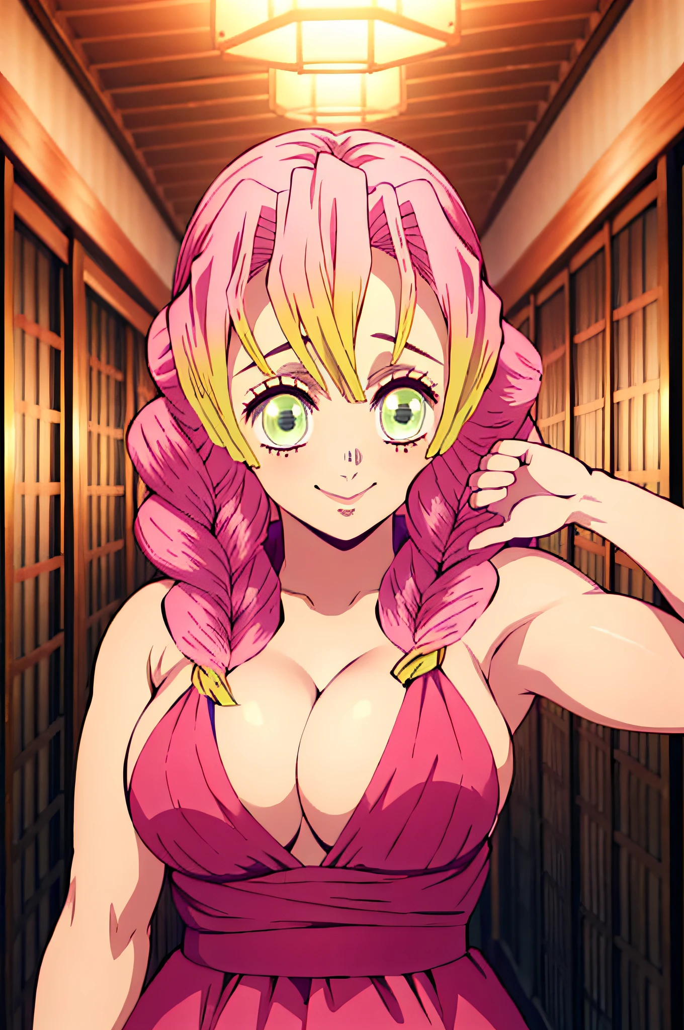 (obra maestra, mejor calidad), 1chica, MitsuriKanroji, deslumbrante, sonrisa, breast, armpits,