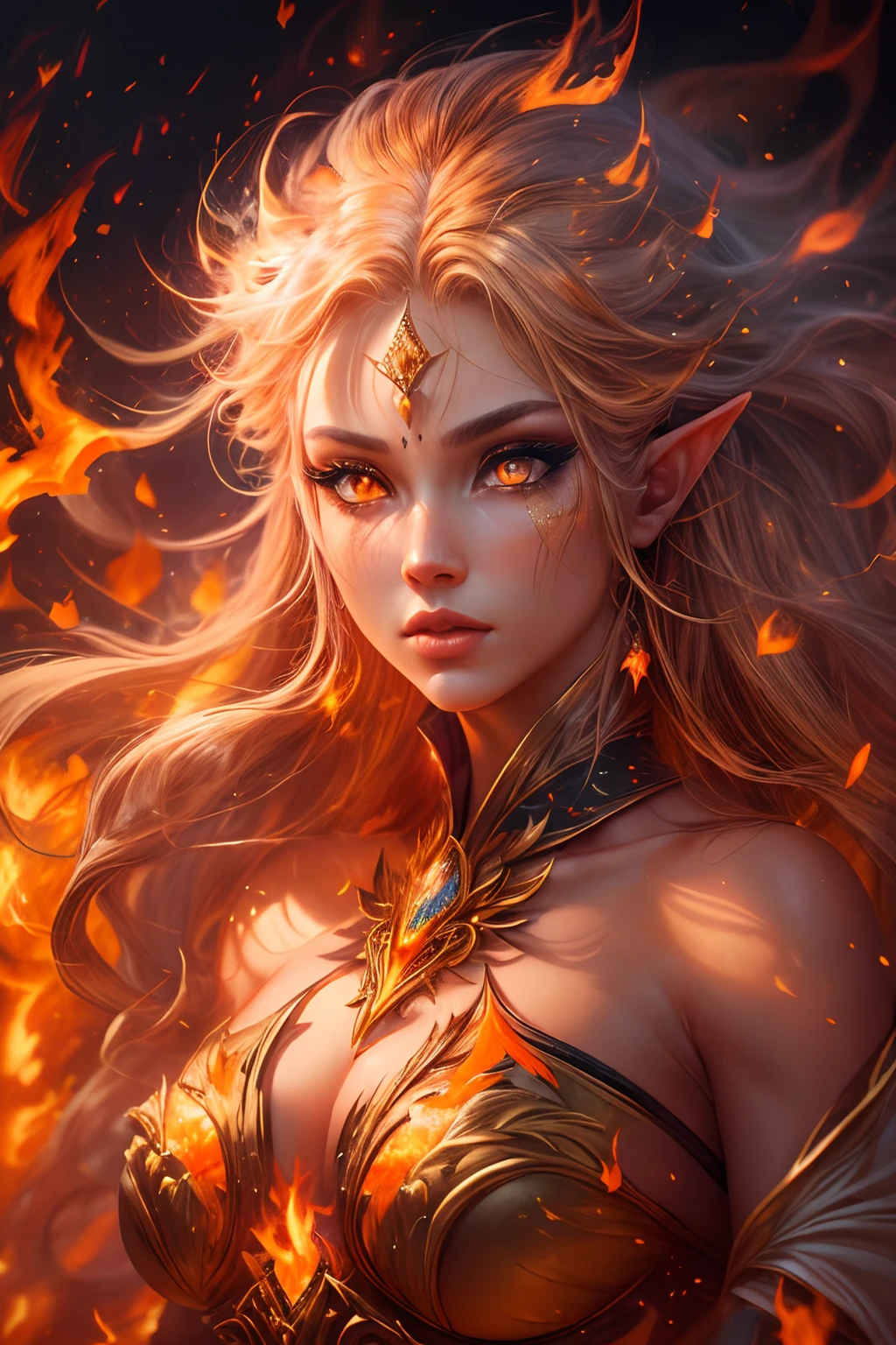 This (realistic fantasy) art contains embers, real flames, real heat, and realistic fire. Generate a masterpiece artwork of a ite female fire druid with large (((orange and gold))) eyes. The fire druid is awe-inspiring with beautiful ((realistic fiery eyes)) alight with confidence and power. Her features are elegant and well defined, with ((soft)) and (((puffy))) and (((smooth))) lips, elven bone structure, and realistic shading. Her eyes are important and should be the focal point of this artwork, with ((extremely realistic details, macro details, and shimmer.)) She is wearing a billowing and glittering dress ((made of realistic flames)) and jewels that glimmer in the fire light. Wisps of fire and smoke line the intricate bodice of the dress. Include bumps, stones, fiery iridescence, glowing embers, silk and satin and leather, an interesting background, and heavy fantasy elements. Camera: Utilize dynamic composition techniques to enhance the realistic flames.