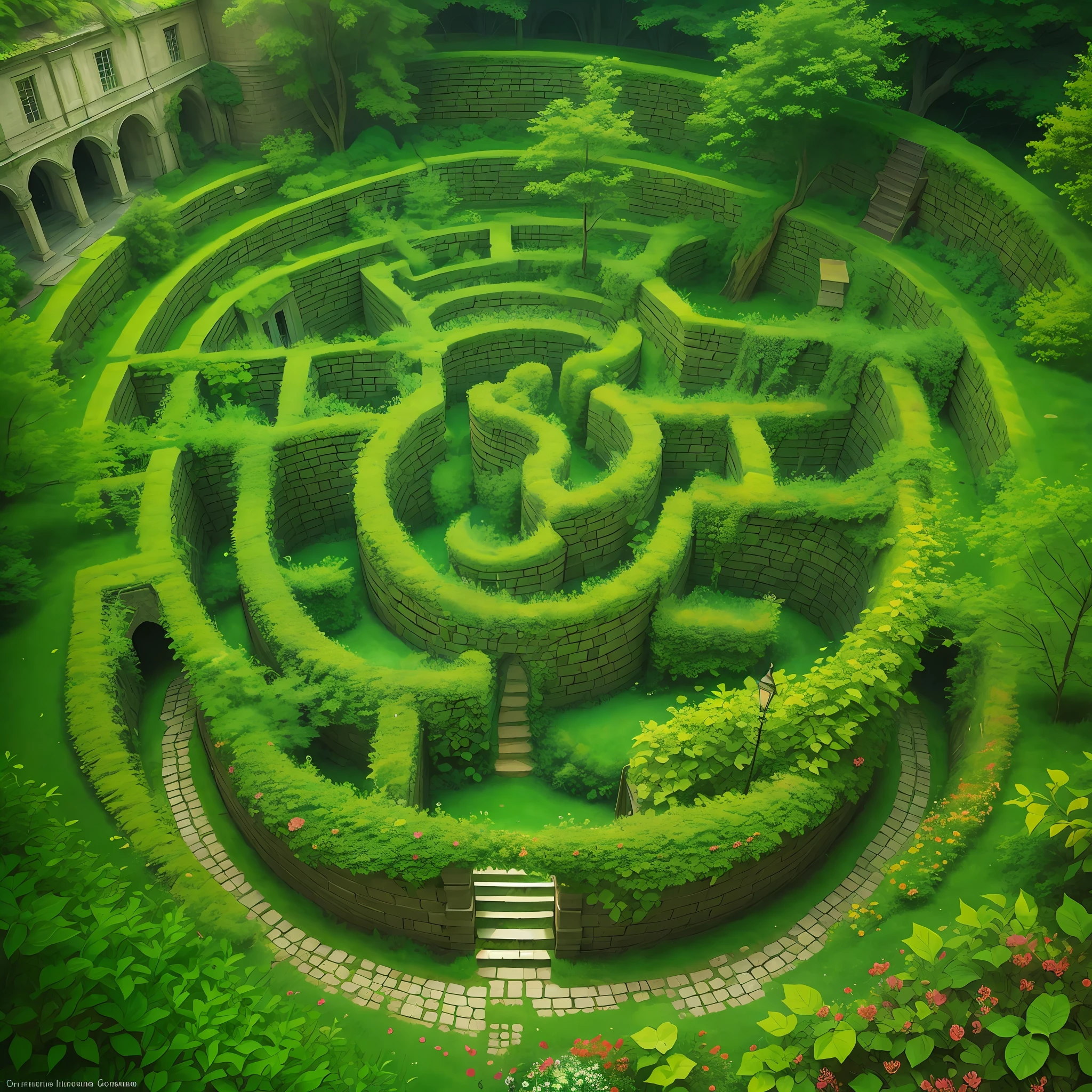 A green labyrinth made of ivy in a beautiful garden of a fabulous castle on top of a wooded mountain.