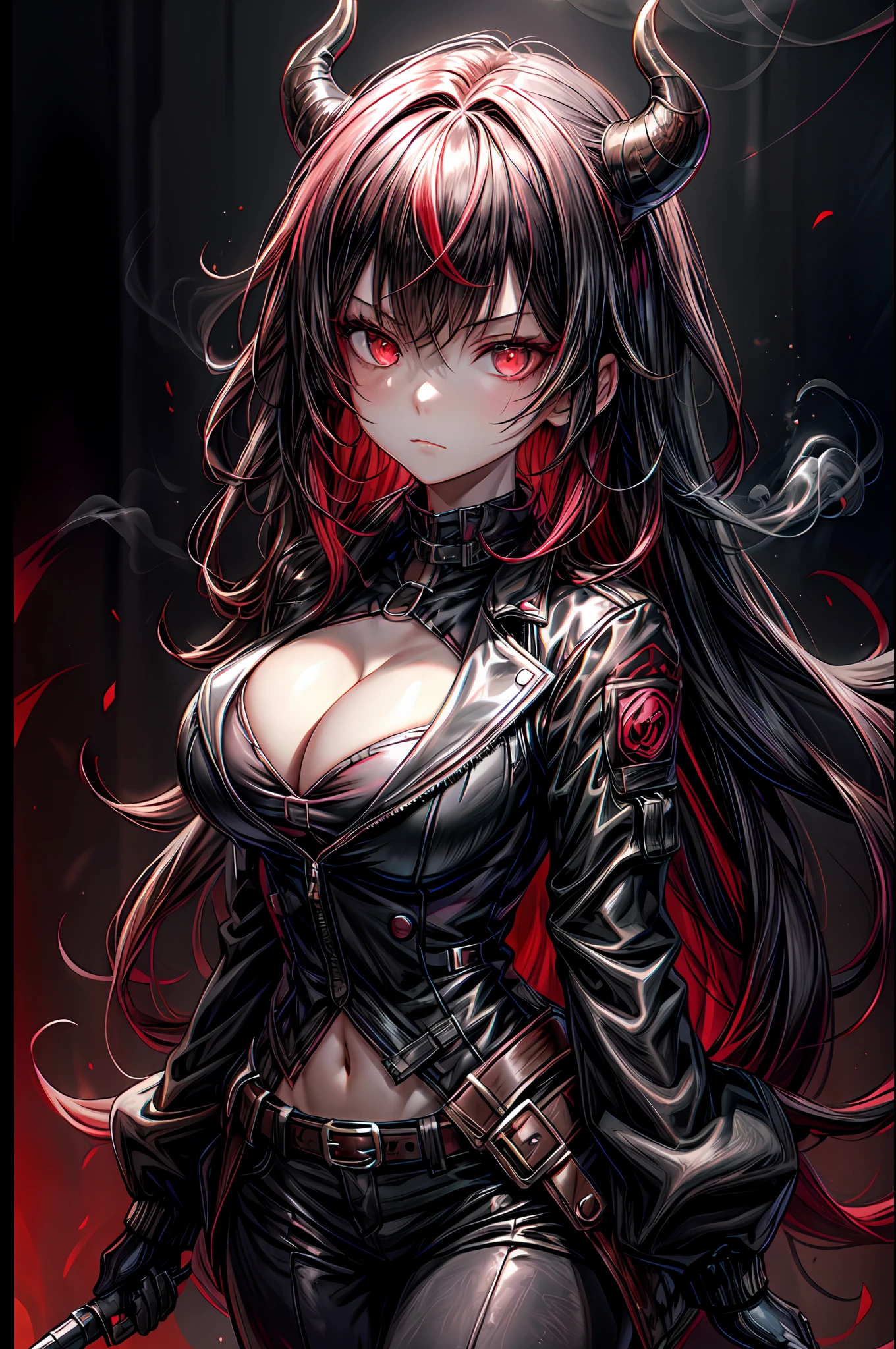 1girl,bangs,black_hair,black_jacket,breasts,cipher_(artist),cleavage,cleavage_cutout,closed_mouth,clothing_cutout,defacta,demon_horns,expressionless,first-party_edit,glowing,glowing_eyes,hair_between_eyes,horns,jacket,long_hair,looking_at_viewer,medium_breasts,multicolored_hair,non-web_source,original,outdoors,red_eyes,red_hair,self_upload,smoke,solo,two-tone_hair,upper_body