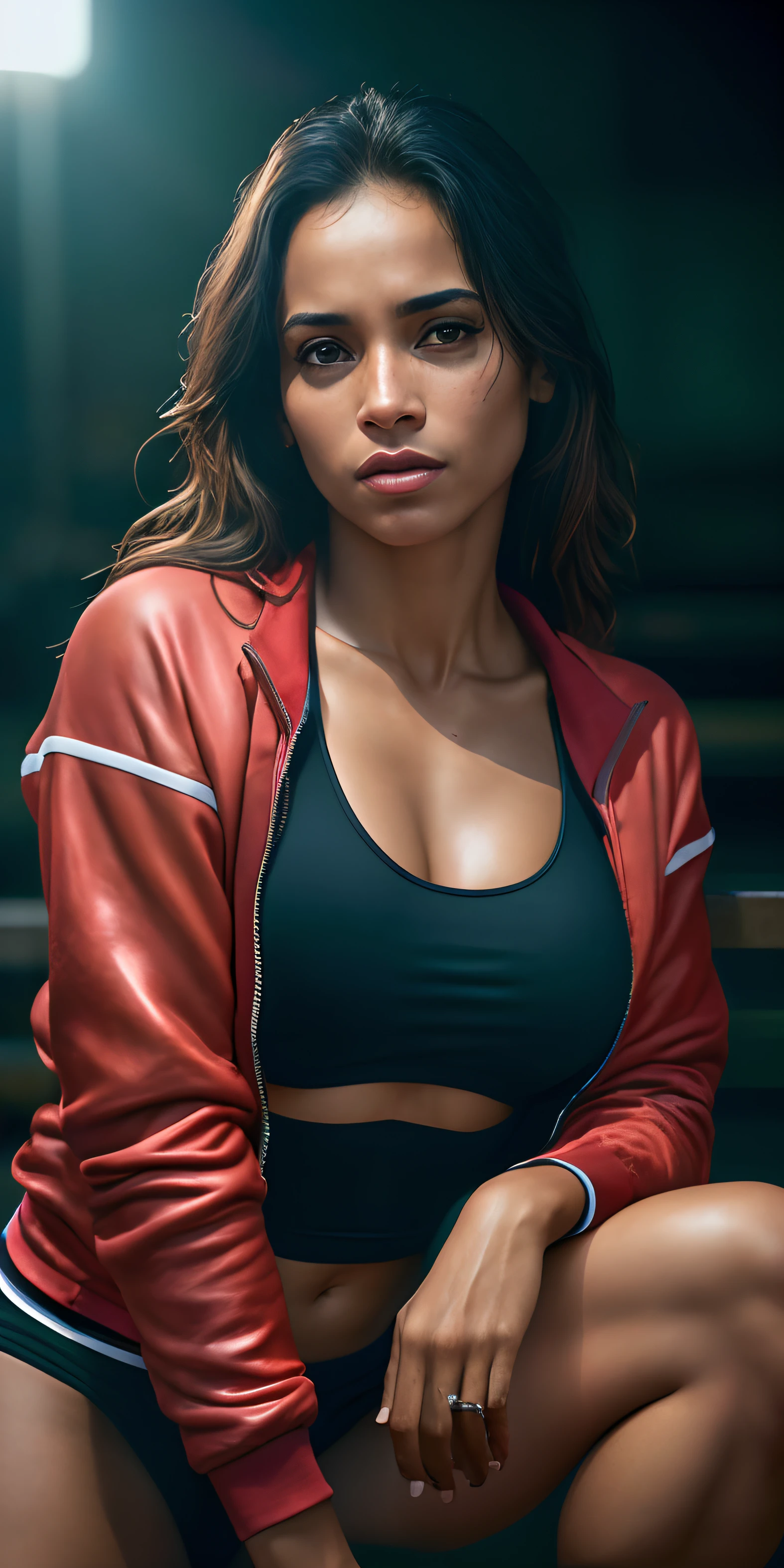 beautiful mature brazilian university student, in track suit, off the track field, (((thin, small)), photorealistic, photo, masterpiece, realistic, realism, photorealism, high contrast, photorealistic digital art trend in Artstation 8k HD high definition detailed realistic, detailed, skin texture, hyper detailed, realistic skin texture, armor, best quality, ultra high resolution, (photorealistic: 1.4), high resolution, detailed,  Raw, sharp photo re, by lee jeffries Nikon D850 film stock photography 4 kodak camera portra 400 lens f1.6 rich colors hyper realistic texture dramatic lighting irrealengine trending on artstation cinestill 800,