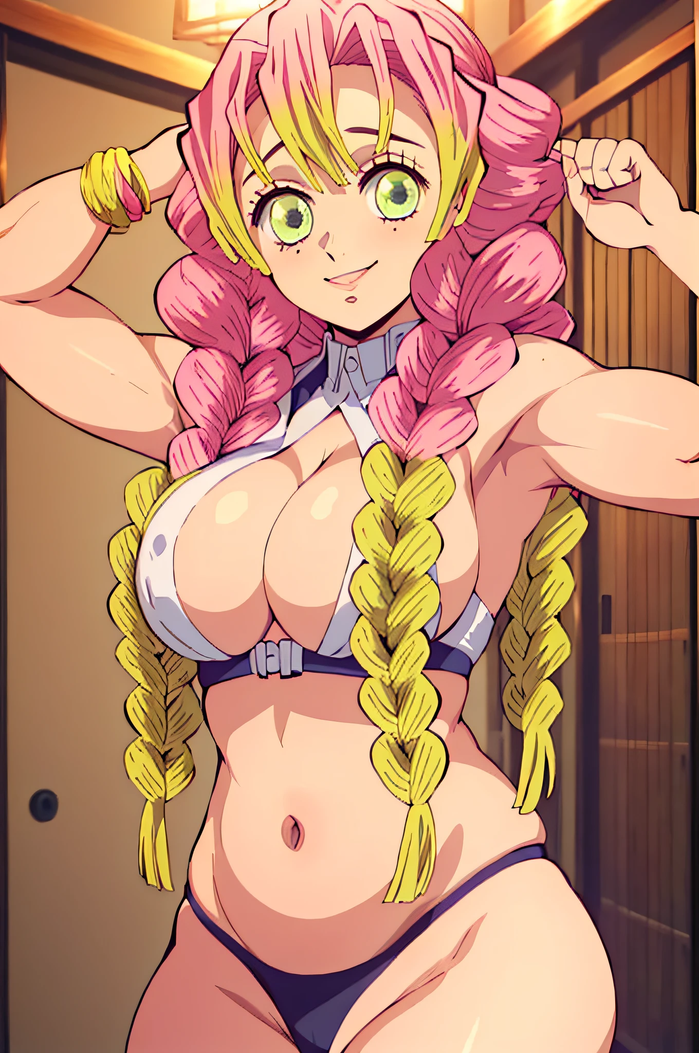 (obra maestra, mejor calidad), 1chica, MitsuriKanroji, deslumbrante, sonrisa, breast, armpits, belly, muscle