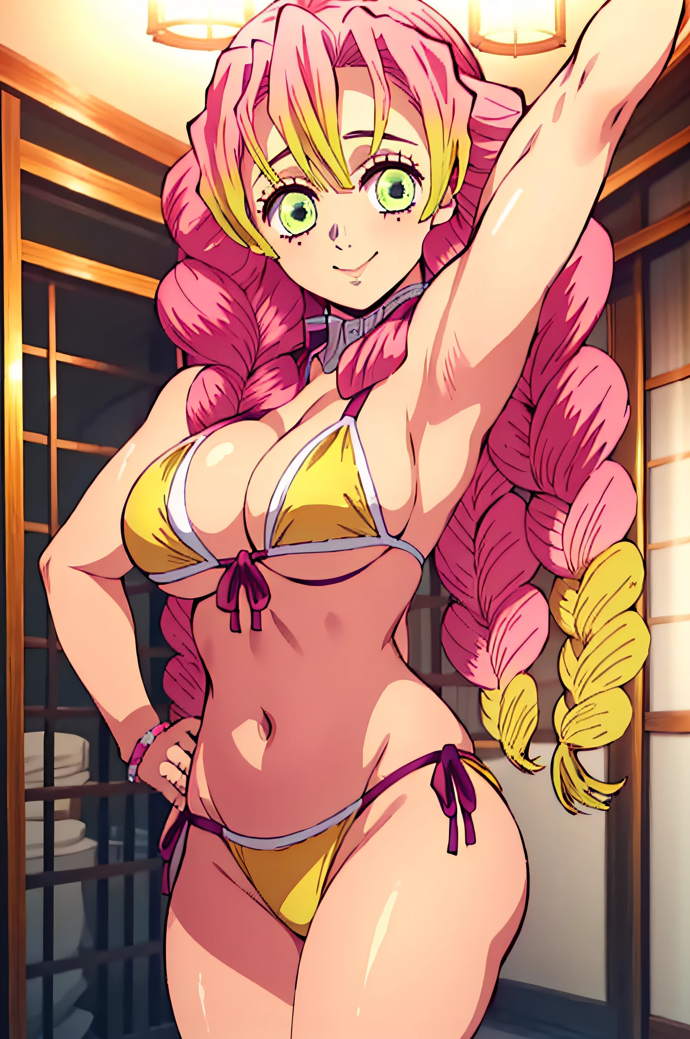 (obra maestra, mejor calidad), 1chica, MitsuriKanroji, deslumbrante, sonrisa, breast, armpits, bikini red