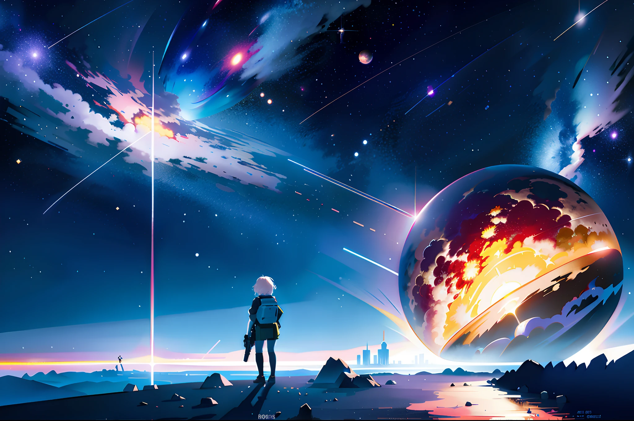 Draw a young female programmer, standing on a research platform floating in the middle of an asteroid belt, turn her back on viewers , from behind,surrounded by several asteroids glowing with fiery auras BREAK Dramatic lighting from distant stars and planets illuminates the scene, casting deep shadows on the suit, looking at the vast and mysterious universe with wonder and respect,BREAK,Detailed,Realistic,4k highly detailed digital art,octane render, bioluminescent, BREAK 8K resolution concept art, realism,by Mappa studios,masterpiece,best quality,official art,illustration,ligne claire,(cool_color),perfect composition,absurdres, fantasy,focused,rule of thirds