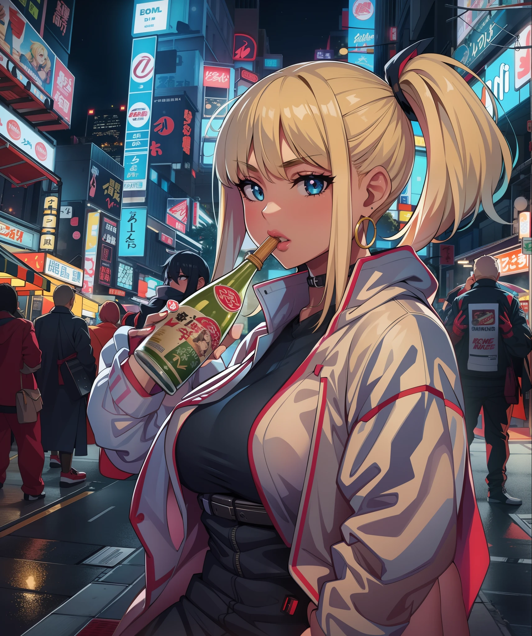 1girl, (((bimbo))),hoop earrings, puffy lips, painted lips, thick lips.
blonde hair, short twintails, wide hips, thick thighs, bursting breasts Nightlife, Night city, Cyberpunk city, futuristic cityscape. Neon lights, (skyscraper:1.1), Tokyo tower, palm tree, cloth sign, ramen stall, night club. bright city lights, exotic car. alcohol, bar, ramen, soup stall ,alcohol bottles,