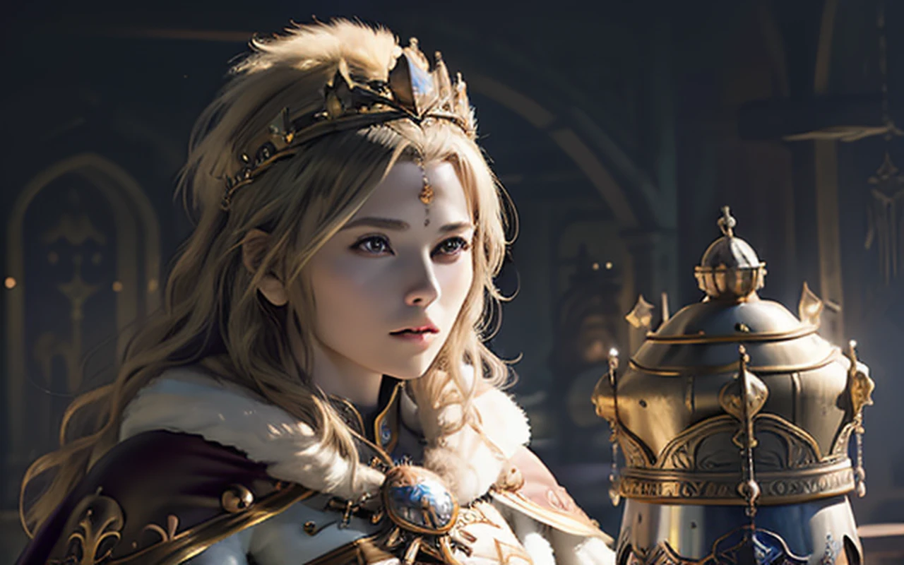 (masterpiece, top quality, best quality, official art, beautiful and aesthetic:1.2), (1girl), (warrior queen armor, fur-lined cape, jeweled crown:1.2),serious