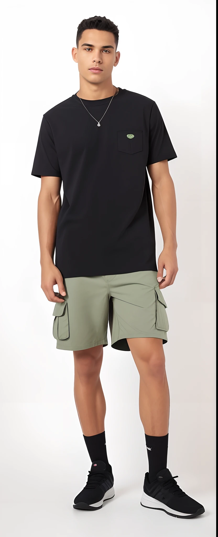 A man in a black shirt and green shorts standing in a room, short pants, vestindo bermuda e camiseta, short shorts, baixa estatura, Jovem com short, roupas casuais, shorts, tanned skin a t-shirt and shorts, very short pants, boy shorts, wearing shorts, wear shorts to, sage green, tamanho curto, cargo shorts, roupas casuais modernas