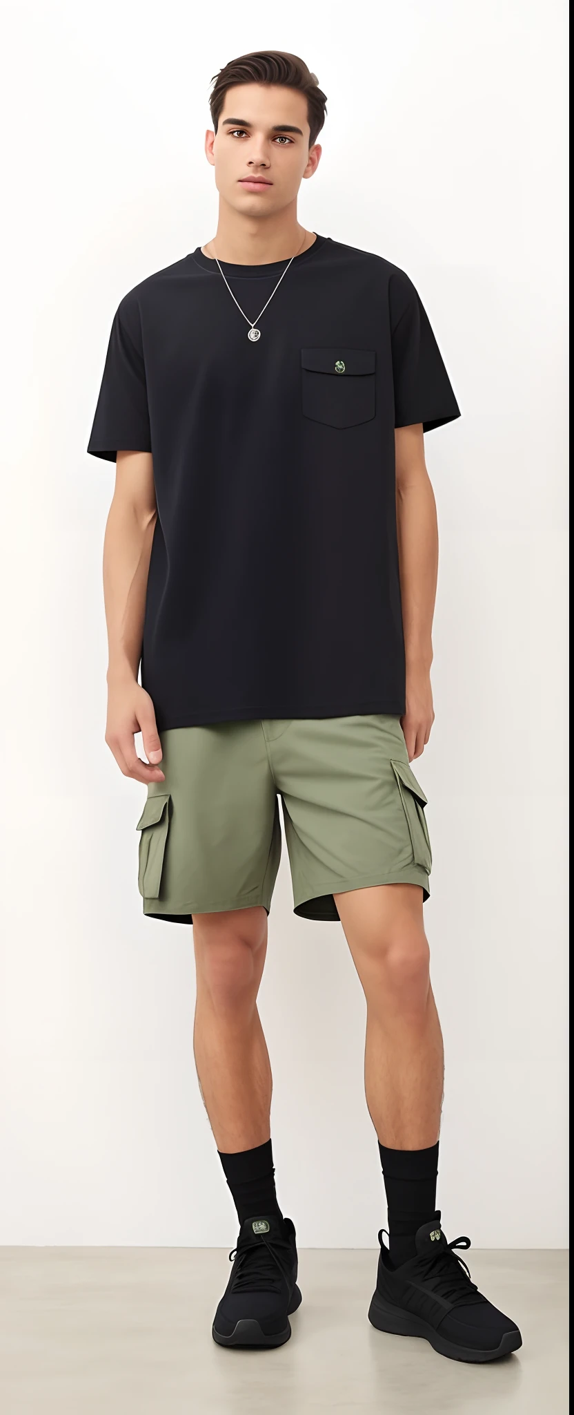A man in a black shirt and green shorts standing in a room, short pants, vestindo bermuda e camiseta, short shorts, baixa estatura, Jovem com short, roupas casuais, shorts, tanned skin a t-shirt and shorts, very short pants, boy shorts, wearing shorts, wear shorts to, sage green, tamanho curto, cargo shorts, roupas casuais modernas