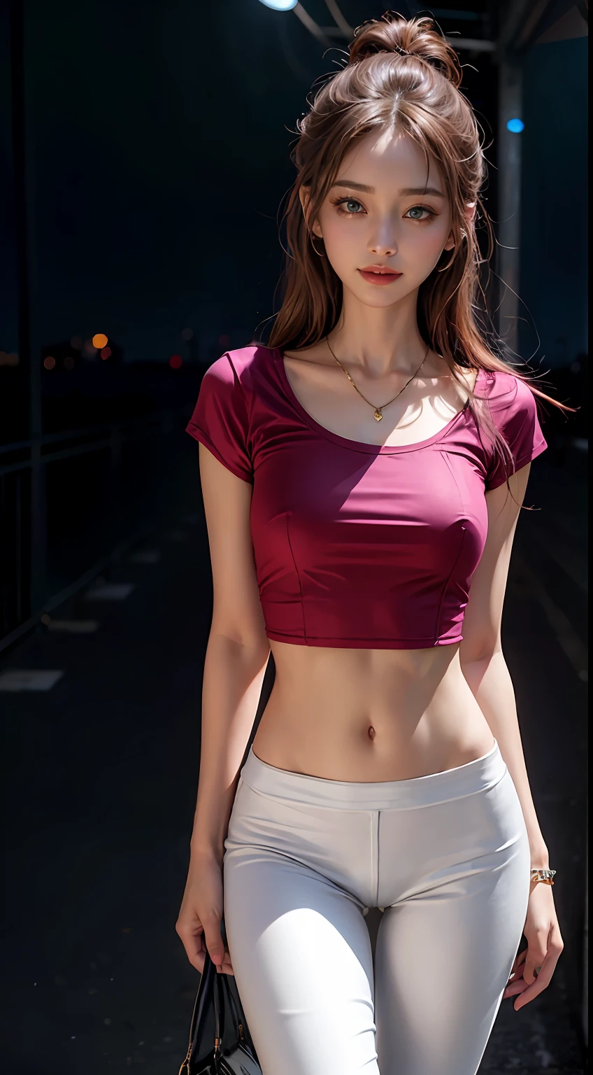 8k, masterpiece, RAW photo, best quality, photorealistic, extremely detailed CG unity 8k wallpaper, Depth of field, Cinematic Light, Lens Flare, Ray tracing, (extremely beautiful face, beautiful lips, beautiful eyes), intricate detail face, ((ultra detailed skin)) 1girl, in the dark, deep shadow, pretty korean girl, kpop idol, 1 girl, (very slim slender fit-muscled body:1.3), ((looking at viewer)),(big smile:1.3), (tight pink pants), (laced pants), (midnight, dark night, (neon sign), (blurred background), dim light), (without people in the background:1.3), beautiful earrings, bracelets, necklace, pantyhose, clear eyes, walking , front shot, (pale skin), (big eyes), face forward, (full body shot), ((silk hot pink shirt)), (brown hairs), (laced shirt), open navel, (looking at viewer:1.3) very slim, medium breasts, hermes bag, (camel toe), thick thighs