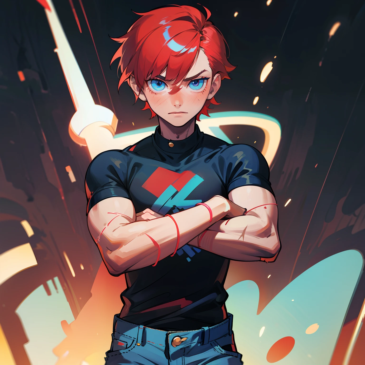 (1 boy), (solo), mature, neon red hair, short hair, pale skin, blue eyes, buff body, strong arms, black shirt, white bands on hands, scar under the left eye, blue jeans, Ripped jeans, ((high quality)), ((very detailed))