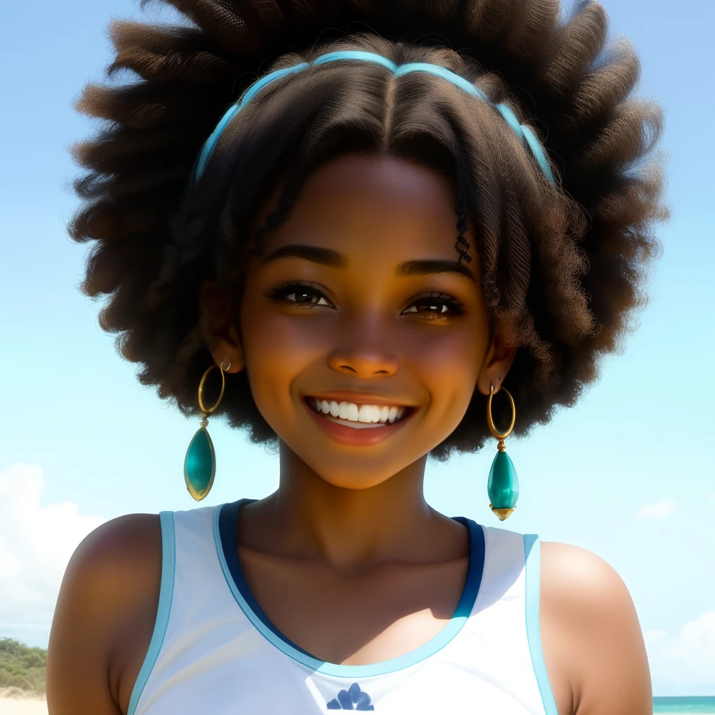Imagem de uma sereia negra sorrindo em um fundo branco.