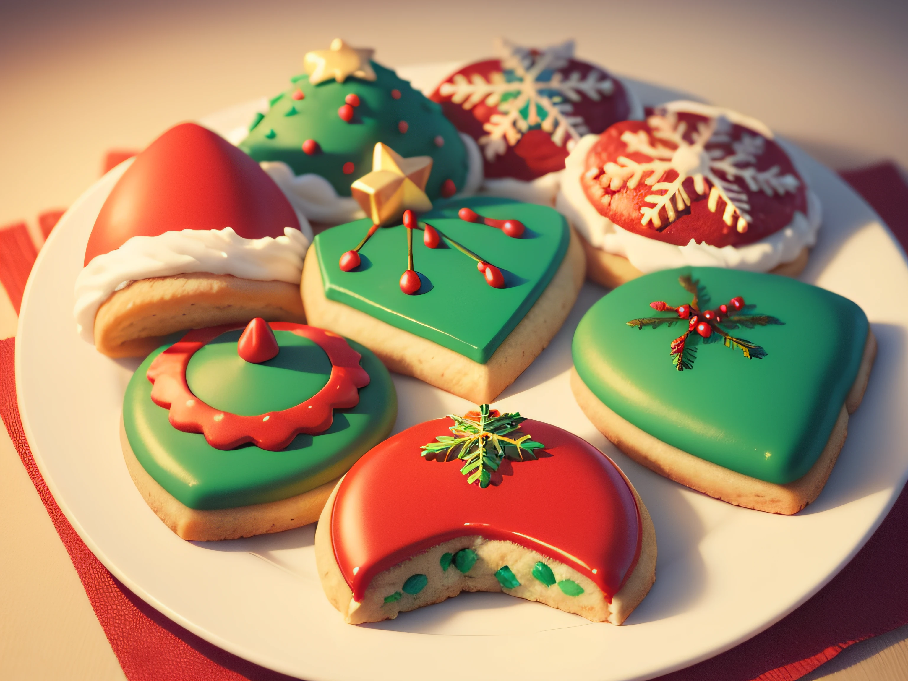 Christmas-themed icing cookie tableau, In a variety of shapes and colors, Realistically rendered, photo-like style.