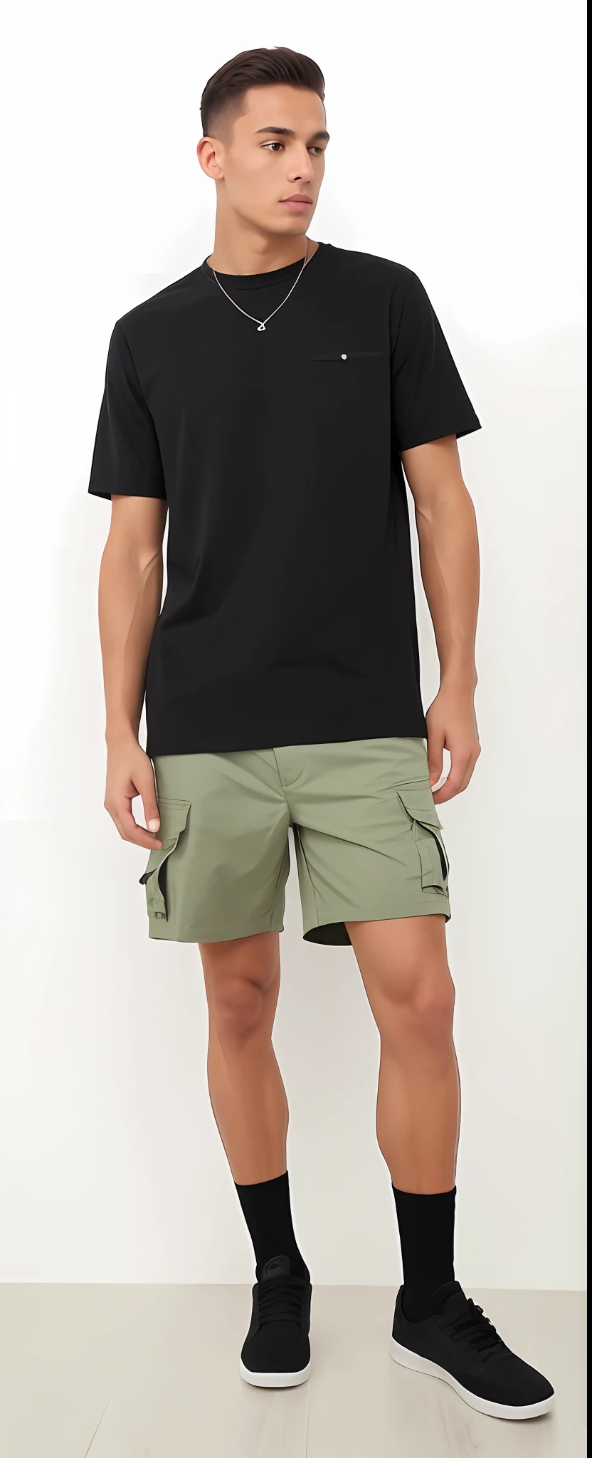 A man in a black shirt and green shorts standing in a room, short pants, vestindo bermuda e camiseta, short shorts, baixa estatura, Jovem com short, roupas casuais, shorts, pele bronzeada, camiseta e bermuda;, very short pants, boy shorts, wearing shorts, wear shorts to, sage green, tamanho curto, cargo shorts, roupas casuais modernas