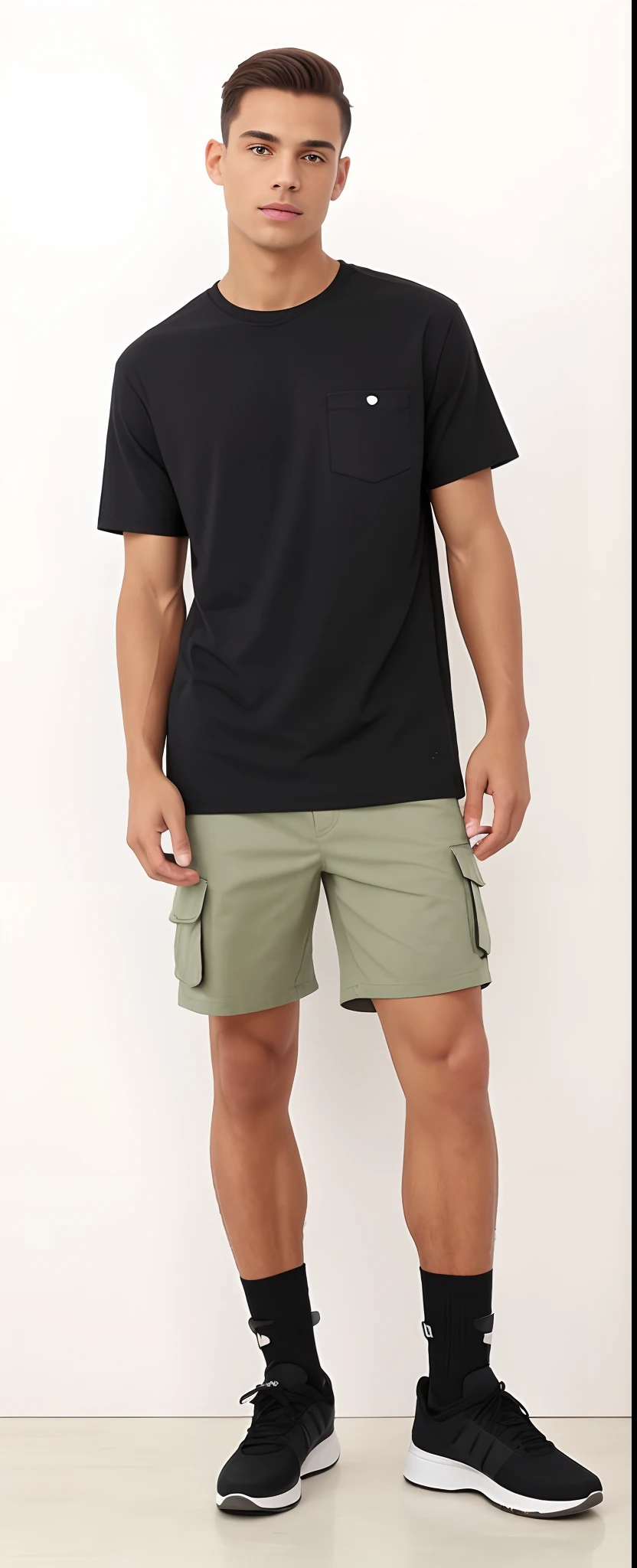 A man in a black shirt and green shorts standing in a room, short pants, vestindo bermuda e camiseta, short shorts, baixa estatura, Jovem com short, roupas casuais, shorts, pele bronzeada, camiseta e bermuda;, very short pants, boy shorts, wearing shorts, wear shorts to, sage green, tamanho curto, cargo shorts, roupas casuais modernas