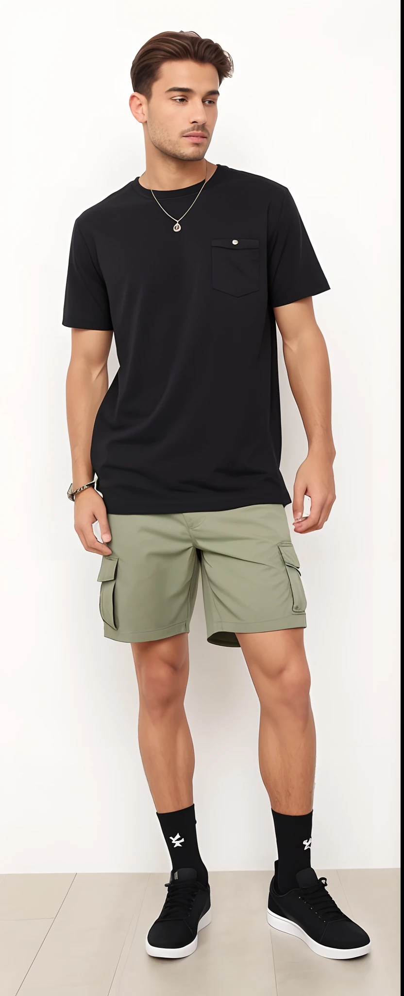 A man in a black shirt and green shorts standing in a room, short pants, vestindo bermuda e camiseta, short shorts, baixa estatura, Jovem com short, roupas casuais, shorts, pele bronzeada, camiseta e bermuda;, very short pants, boy shorts, wearing shorts, wear shorts to, sage green, tamanho curto, cargo shorts, roupas casuais modernas