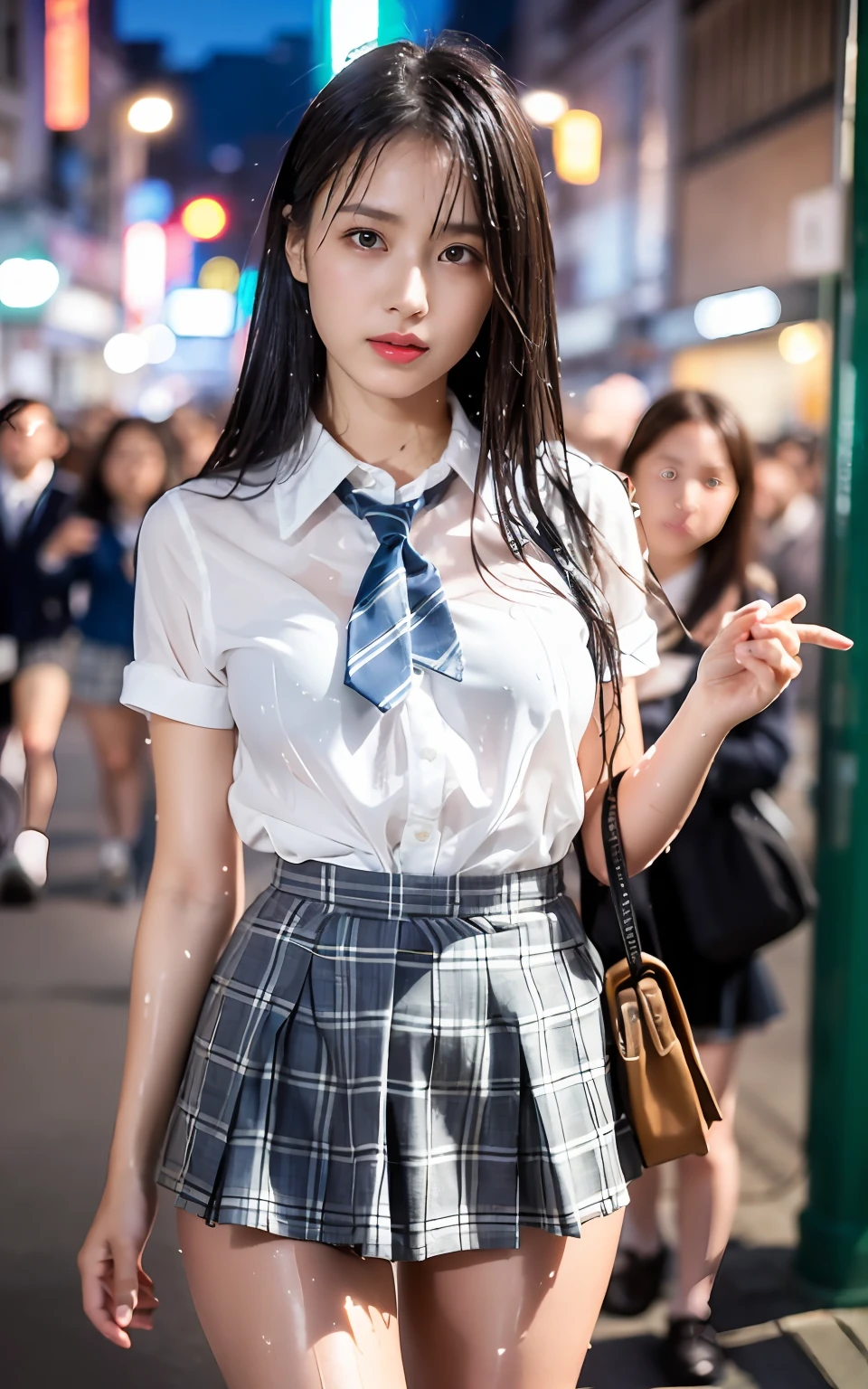 the Extremely Detailed CG Unity 8K Wallpapers、top-quality、ultra-detailliert、masterpiece、realisitic、Photo Real、extremely detailed cute girl、18year old、(High school student in Japan uniform)、(((skirt lift by yourself)))、(Lifted by yourself)、panties on、panties focus、red blush、cparted lips、looking at the viewers、Semi-body shot、(Large crowds)、(Crowded lampposts)、ulzzang -6500-v1.1, (Raw foto:1.2), (Photorealsitic:1.4), beautiful detailed 1 girl, extremely detailed eye and face, beatiful detailed eyes, Ridiculous, unbelievable Ridiculous, huge filesize, ultra-detailliert, hight resolution, ighly detailed, top-quality, masterpiece, ((Japan Girls' High School Thin White Blouse)), illustratio, ighly detailed, nffsw, unification, magnifica, finely detail, masterpiece, top-quality, Highly detailed ticker uniform 8K wallpaper, Light on the Face、电影灯光、16yo girl、((dynamicposes))、(camel's toe)、(half)、(Raw feet)、(Shinjuku at night Japan)、(Sidewalk lined with shops)、(Japan high school uniform and designated shoes)、(Dark blue blazer:1.2)、(short plaid skirt:1.5)、(White shirt for students)、 (neck tie:1.2)、(light brown shorthair)、(See-through wet white panties:1.5)、(cammel toe)、(Black loafers:1.5)、(beauitful face:1.3)、(perfectly proportions:1.2)、(Long feet:1.2)、(small tits:1.3)、(Panties can be seen from under the skirt:1.3)、(Textured skin)