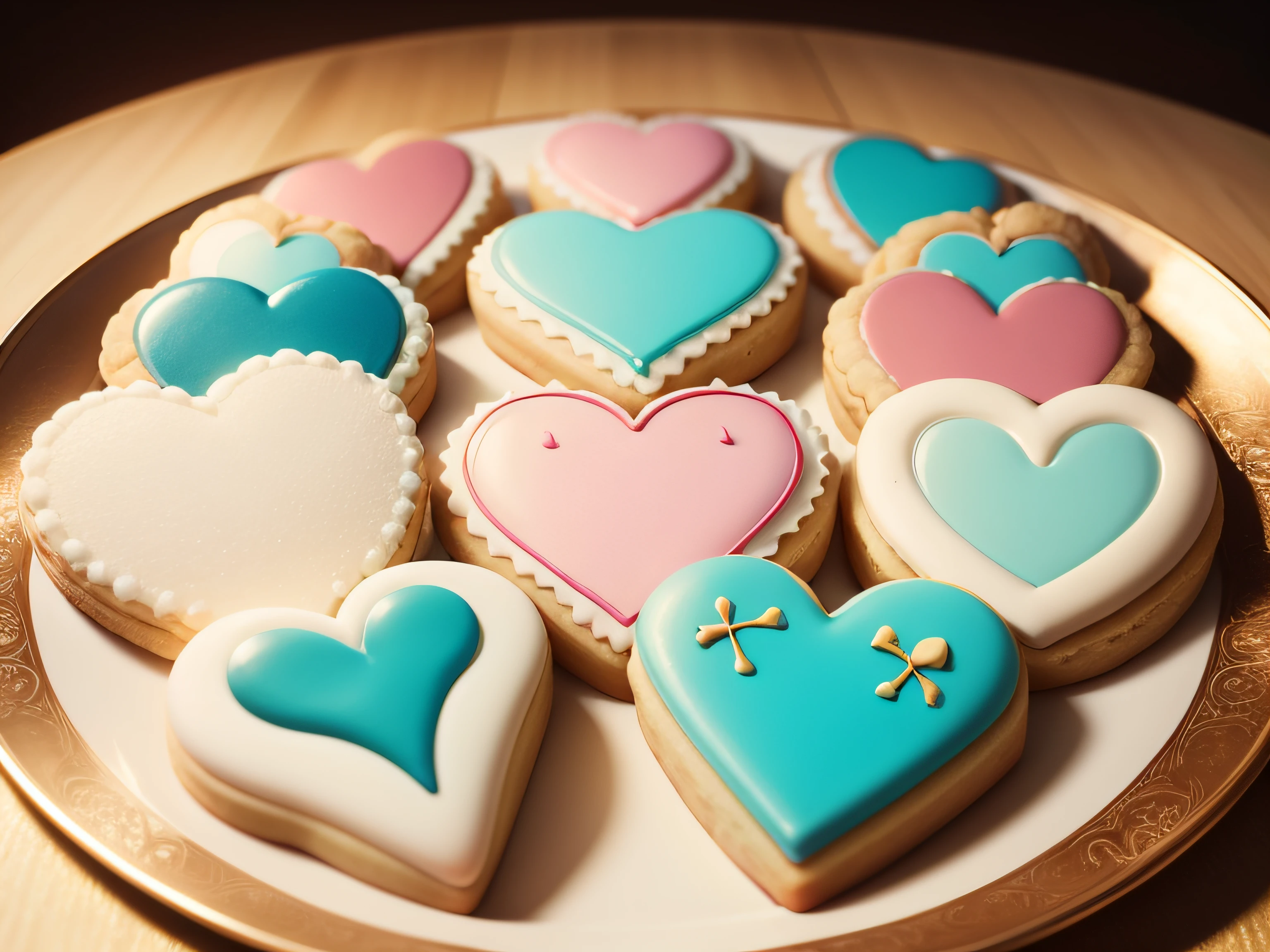 Tableau with wedding themed icing cookies, In a variety of shapes and colors, Realistically rendered, photo-like style.