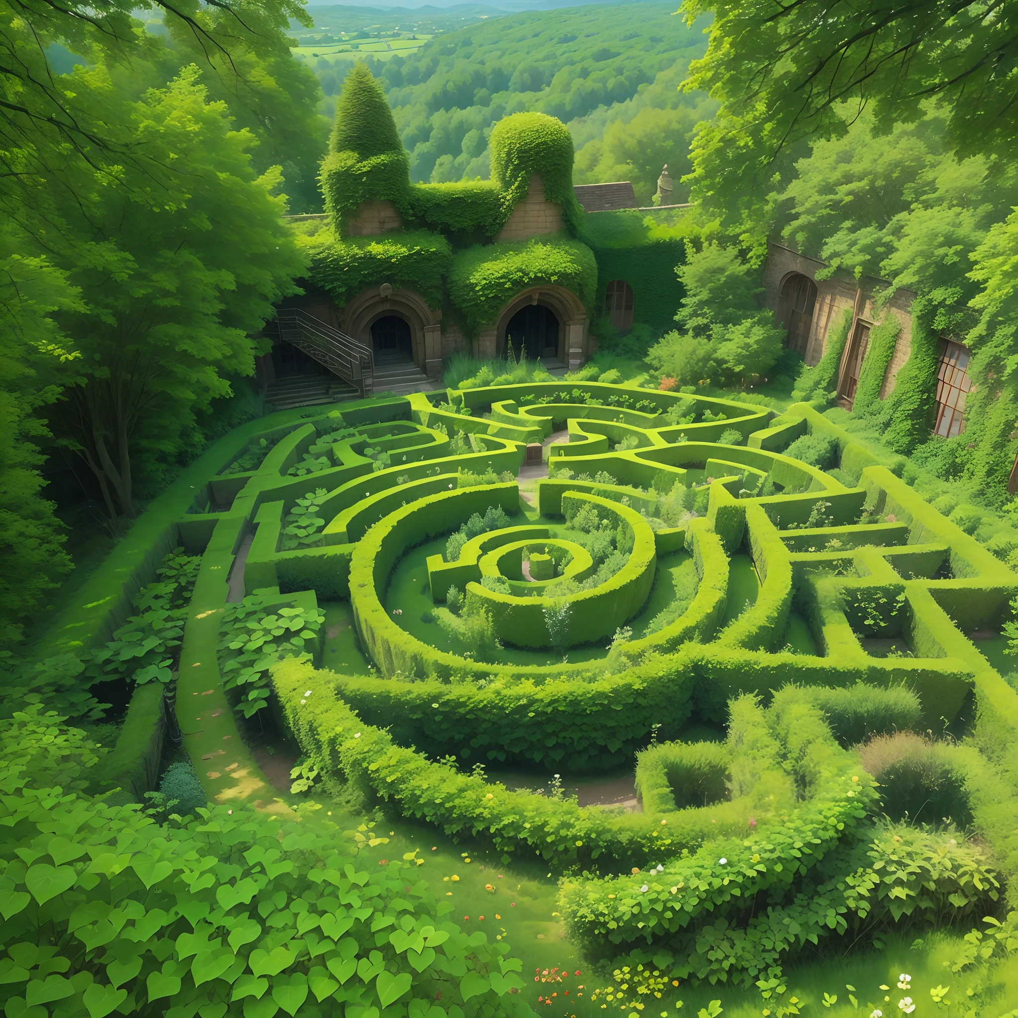 A green labyrinth made of ivy in a beautiful garden of a fabulous castle on top of a wooded mountain.