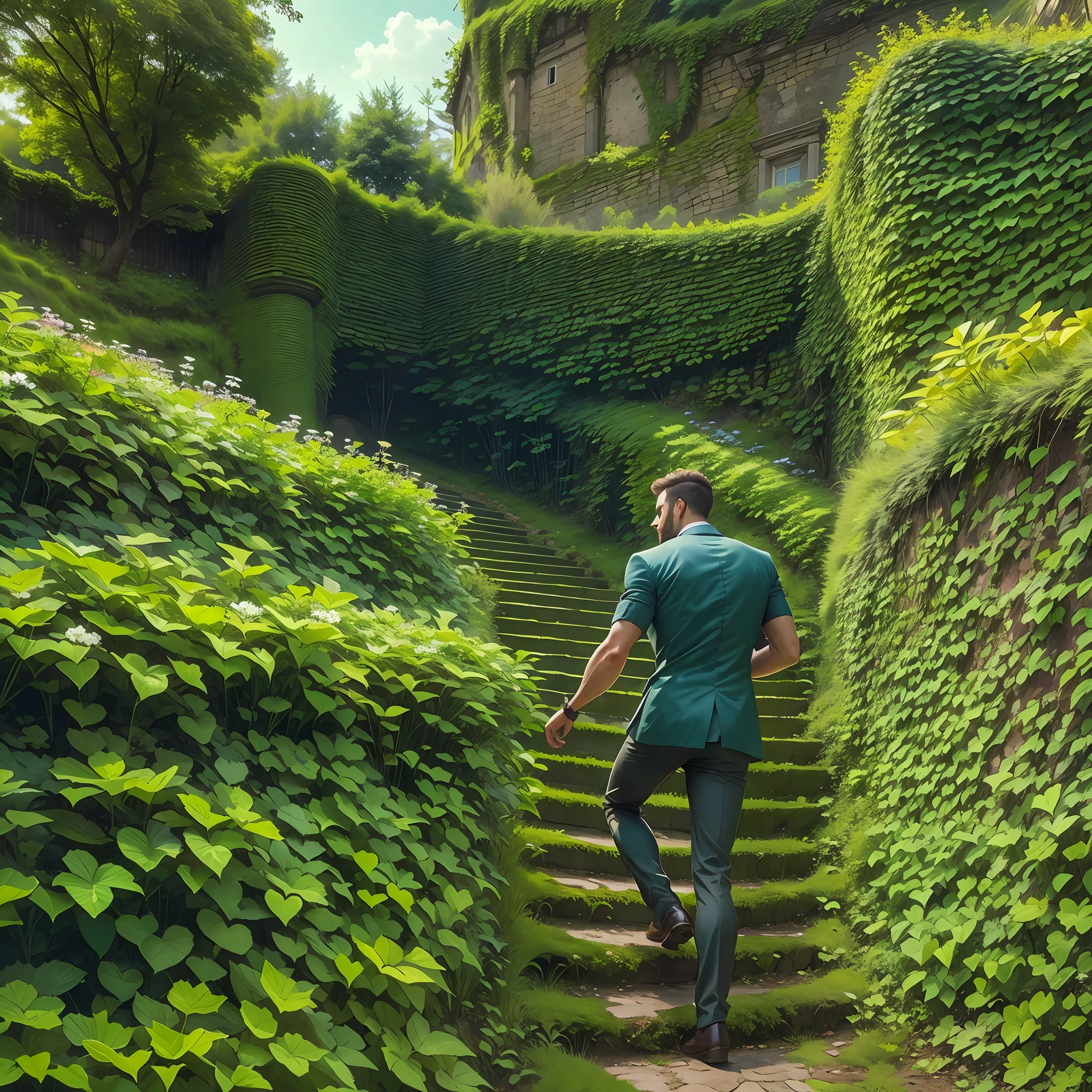 A good-looking man Climbing the green slope of A labyrinth made of ivy in a beautiful garden of a fabulous castle located on the top of a wooded cliff.