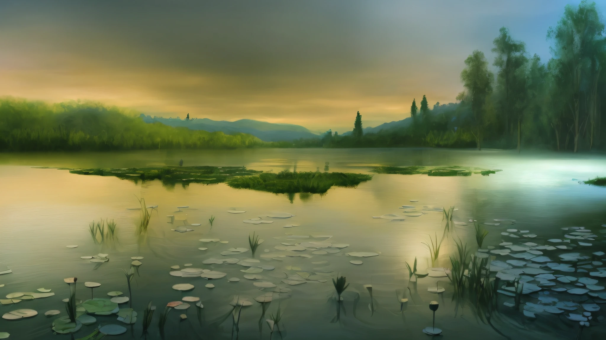 There is a painting of a lake with lily pads in the water, paisagem fotorrealista, Pintura digital fosca 4K HD, beautiful render of a landscape, 8k resolution digital painting, 8k resolution digital painting, dia chuvoso. game render, realistic landscape, Pintura escura de foco suave, Atmospheric. Pintura digital, Tinta escura renderizada em 3D, pintura fosca bonita, chuva caindo, baixa luminosidade