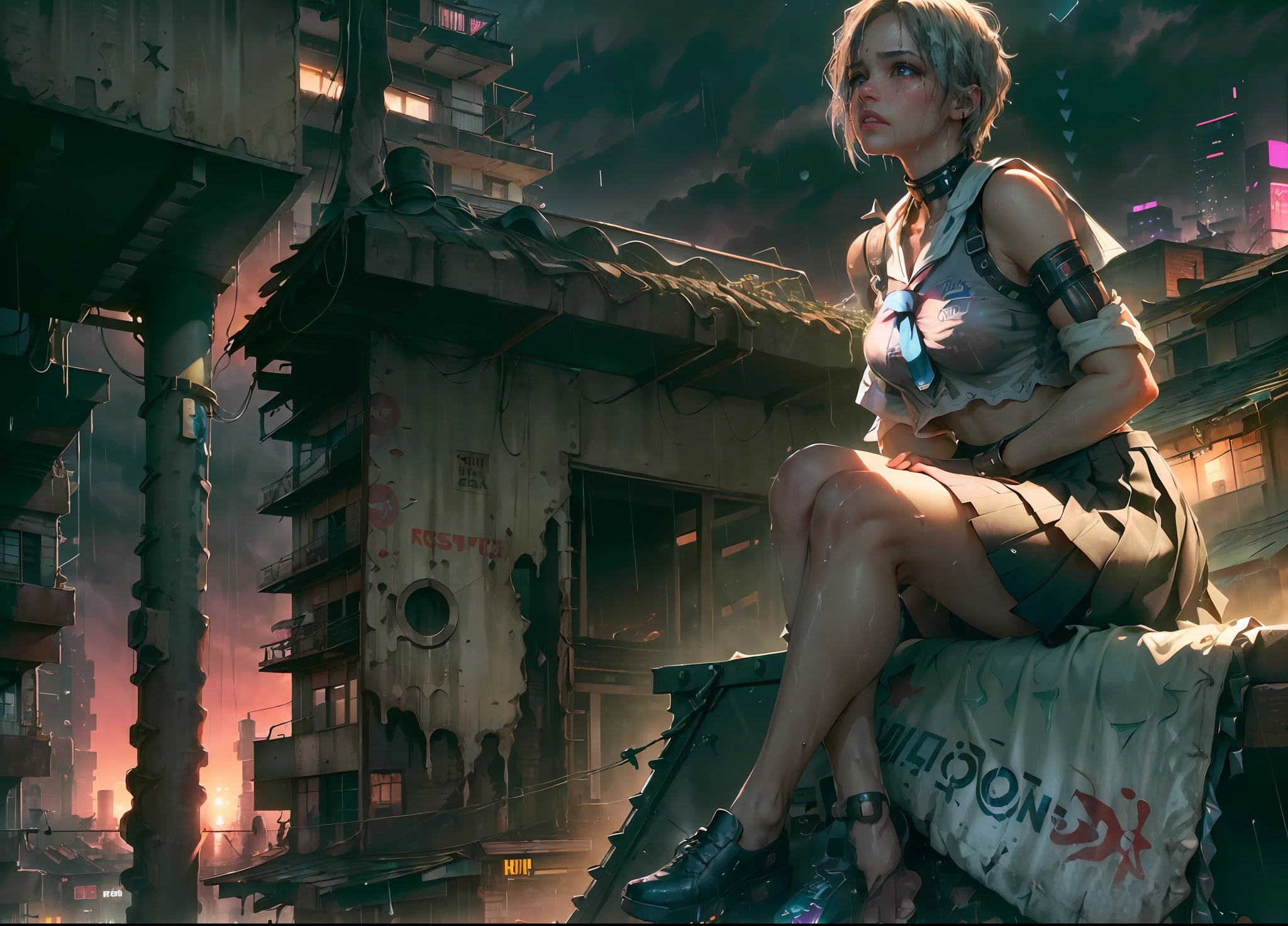 (realism:2), a girl sitting legs hanging, (on a edge roof ledge), (outdoor:1.4), (rain drop:1.5), (white school uniform, sweaty, serafuku, pleated skirt:1.5), (cityscape:1.5), (rainy city:1.45), (the milky way in the sky:1.45), (dusk:1.5), (small breasts), photoreal, panoramic anamorphic, looking across the shoulder, (beautiful sky, stars:1.65), (masterpiece), (see through:1.4), (soaking wet:1.4), (sexy:1.3), (cyber slums:1.4), (slums town on top:1.5), (cyberpunk 2077), beautiful neon city, (blue eyes:1.2), gray hair, multicolored eyes, multicolored hair, (bob cut, short hair with long strands)