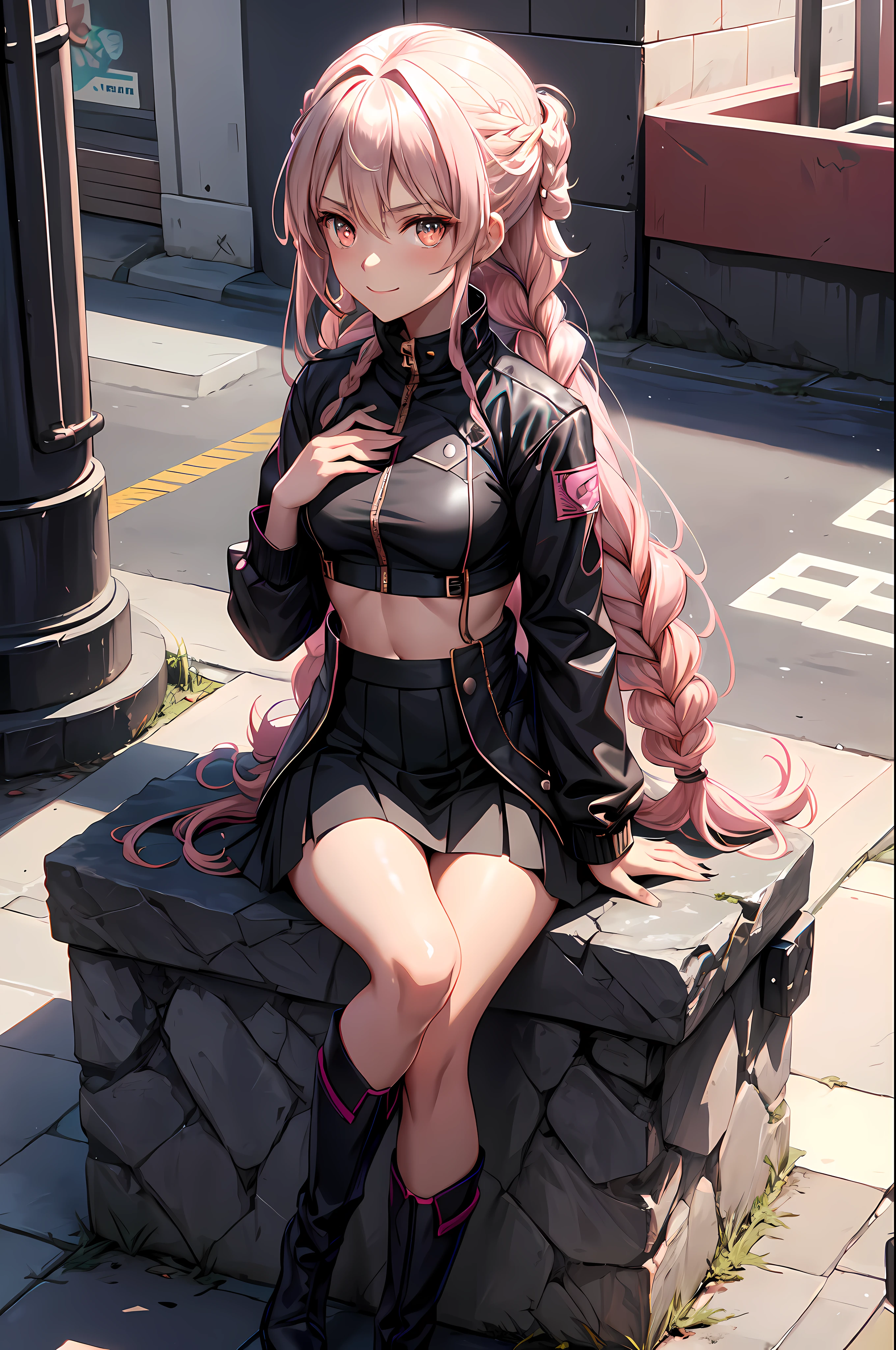 1girl,alternate_costume,bangs,black_footwear,black_jacket,black_nails,blue_skirt,blush,boots,braid,building,chloe_von_einzbern,city,closed_mouth,crop_top,dark-skinned_female,dark_skin,dark_sushi_mix,day,eyewear_on_head,fate/kaleid_liner_prisma_illya,fate_(series),highres,jacket,long_hair,long_sleeves,looking_at_viewer,midriff,miniskirt,navel,non-web_source,open_clothes,open_jacket,orange_eyes,outdoors,pink_hair,road,sitting,skirt,smile,solo,sunglasses,twin_braids