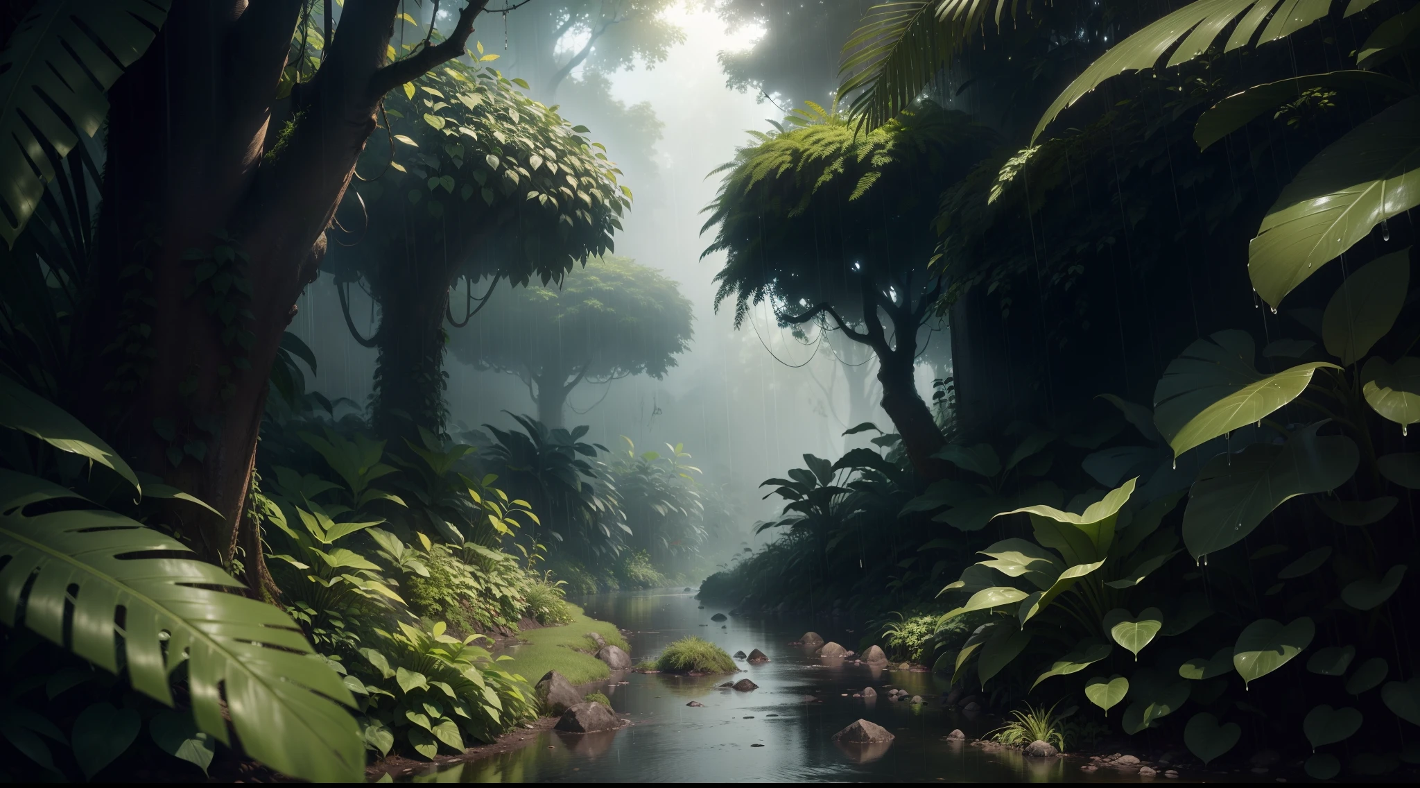 A jungle, with intense rainfall, monochromatic, vines all around, giant and wet trees, masterpiece, best quality, high quality, extremely detailed CG unity 8k wallpaper, oil paiting, award winning photography, Bokeh, Depth of Field, HDR, bloom, Chromatic Aberration ,Photorealistic,extremely detailed, trending on artstation, trending on CGsociety, Intricate, High Detail, dramatic, art by midjourney, volumetric lighting