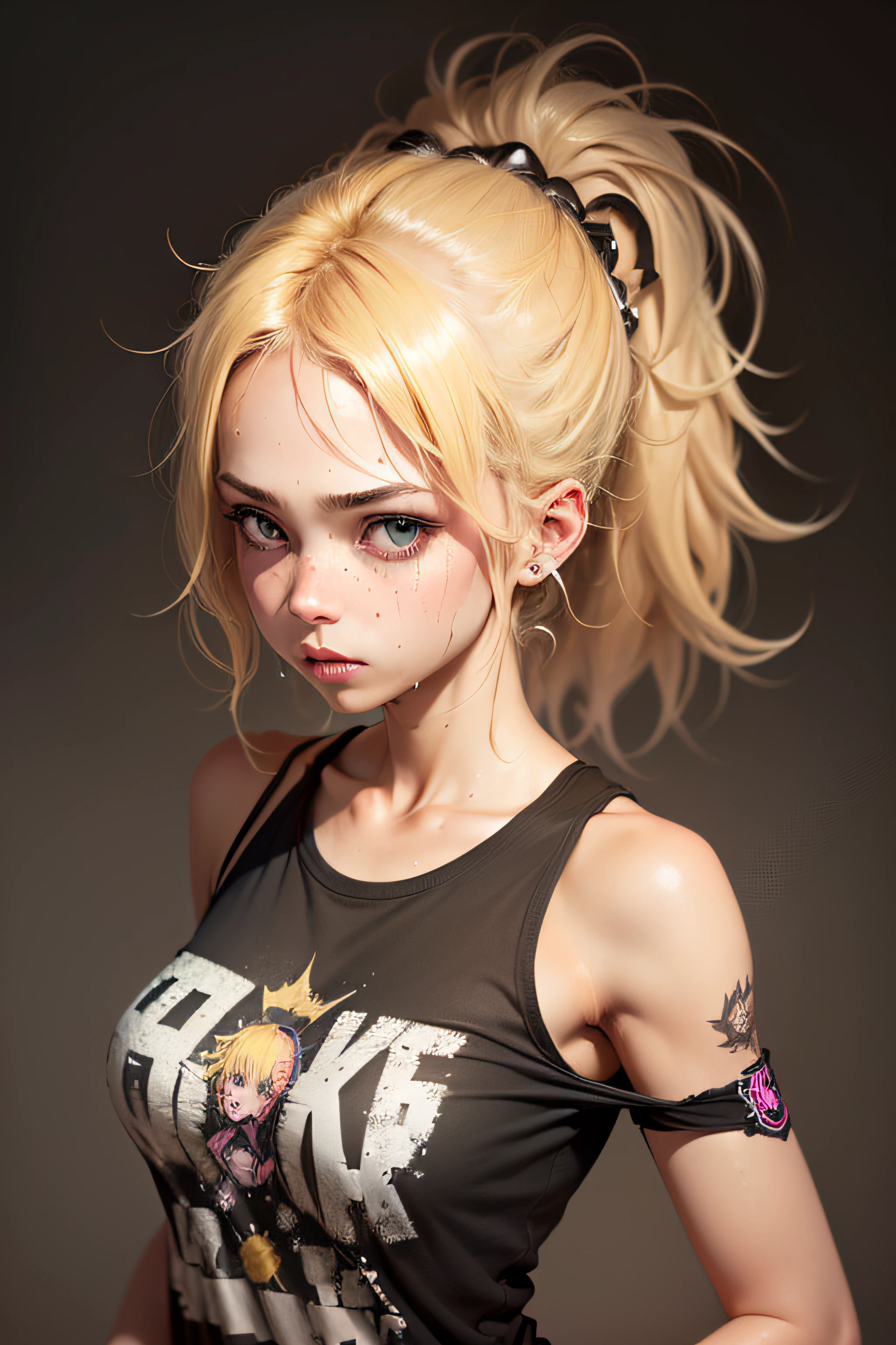 (1girl), medium breasts, tan, dewy skin, sweaty skin, wavy blonde hair, punk tshirt, punk girl