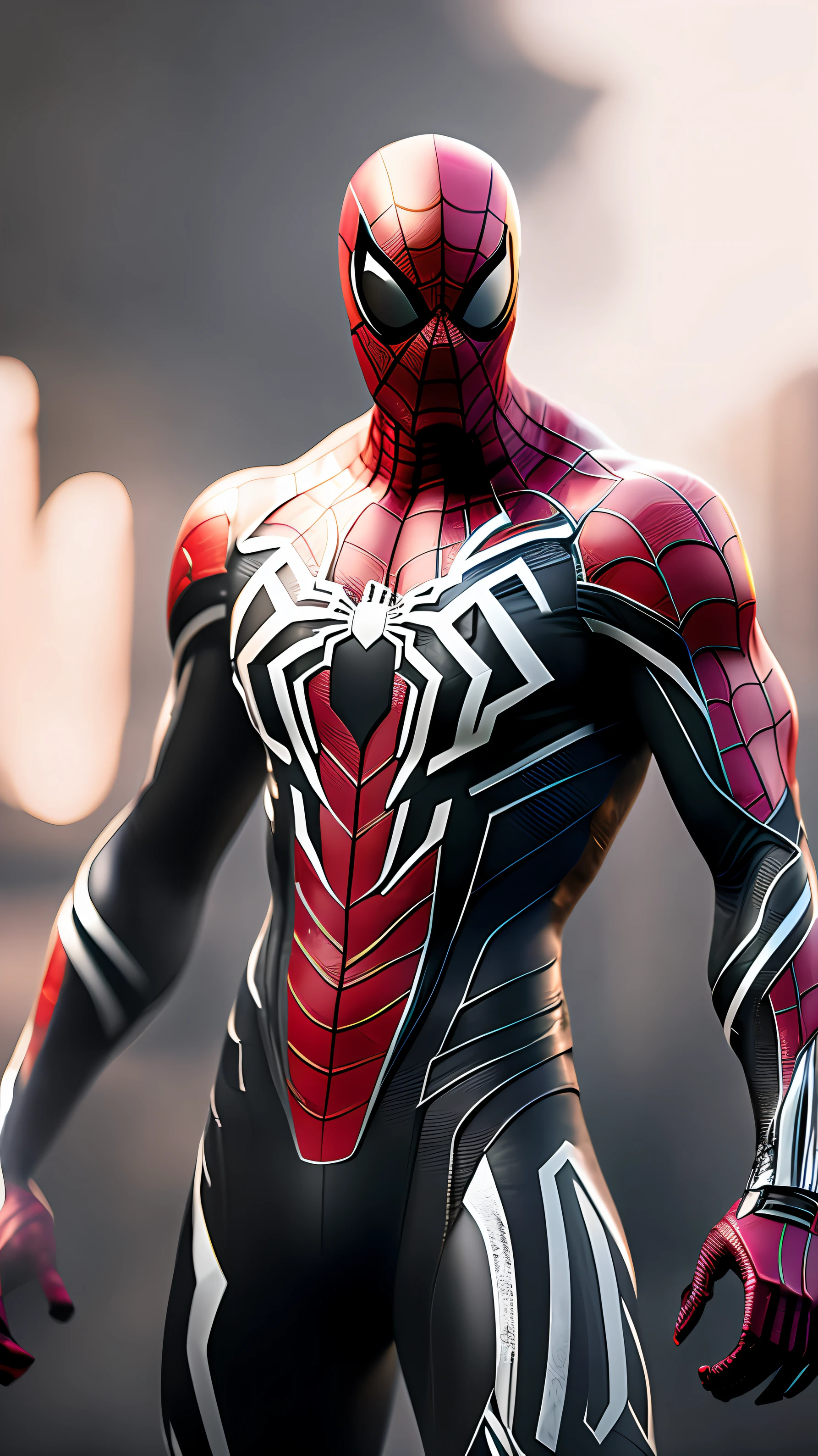 (8k, RAW photo, best quality, masterpiece: 1.2), ultra detailed, official art, photo-realistic: 1.37, spider man, black suit, spider in the center of your chest in white, organic looking clothing, gooey testura, symbiote, art, PS5 cinematic screenshot, highly detailed and detailed cinematic rendering, ultra photorealistic raytricing, with cinematic lightingaction pose