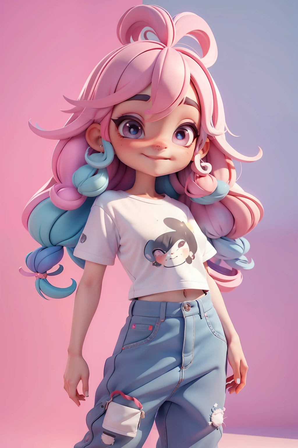Avatar multicolor, tons multicolor, sorriso meigo e delicado, vestida com moletom, pants and t-shirt, corpo inteiro, pele escura e olhos delicados e definidos,cartoon 3D com blusa delicada, casaco peludinha, cabelos multicolor, fundo simples e branco