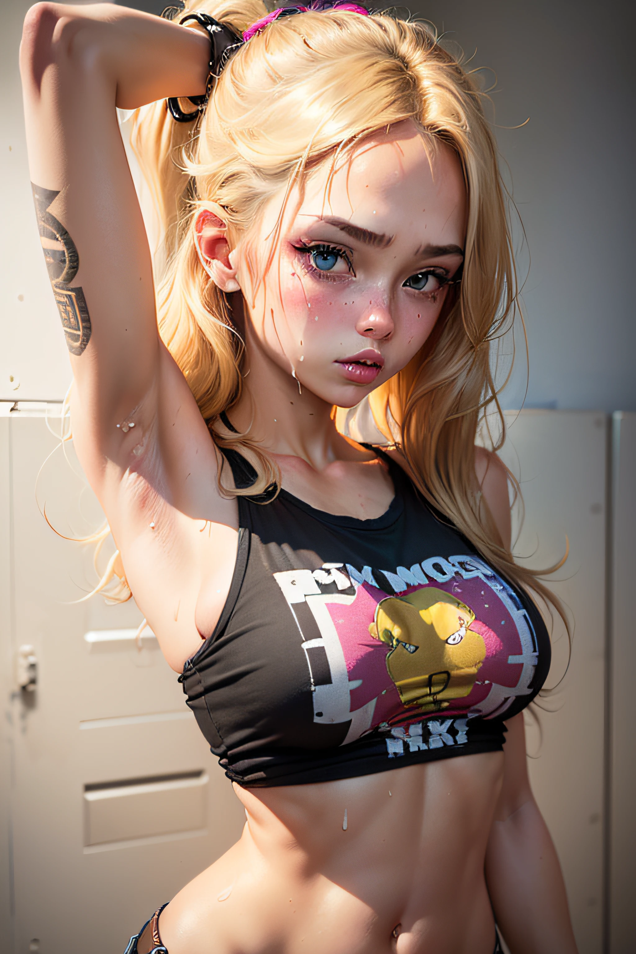 (1girl), medium breasts, tan, dewy skin, sweaty skin, wavy blonde hair, punk tshirt, punk girl