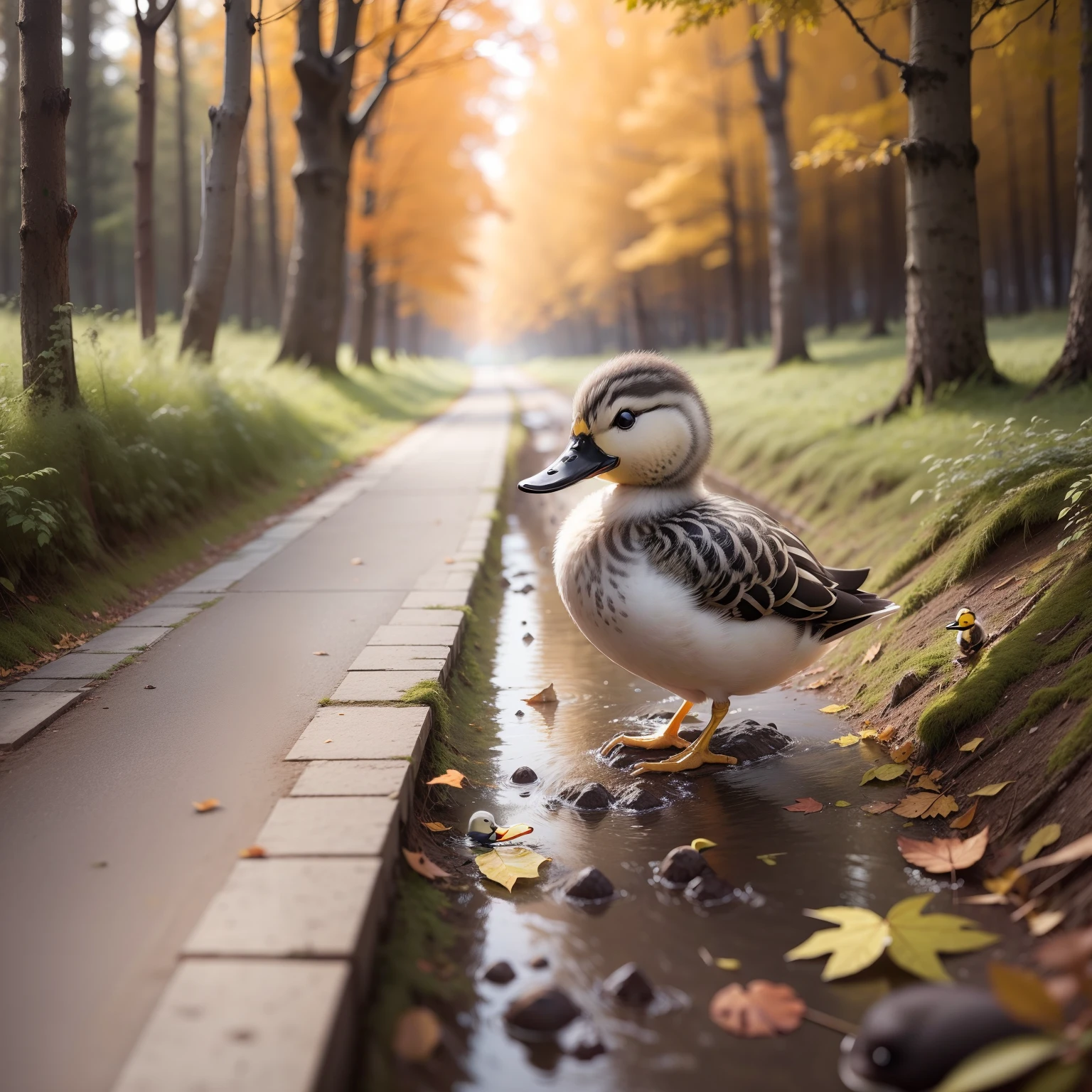 There is a gray duckling on the way in the forest, autumn season