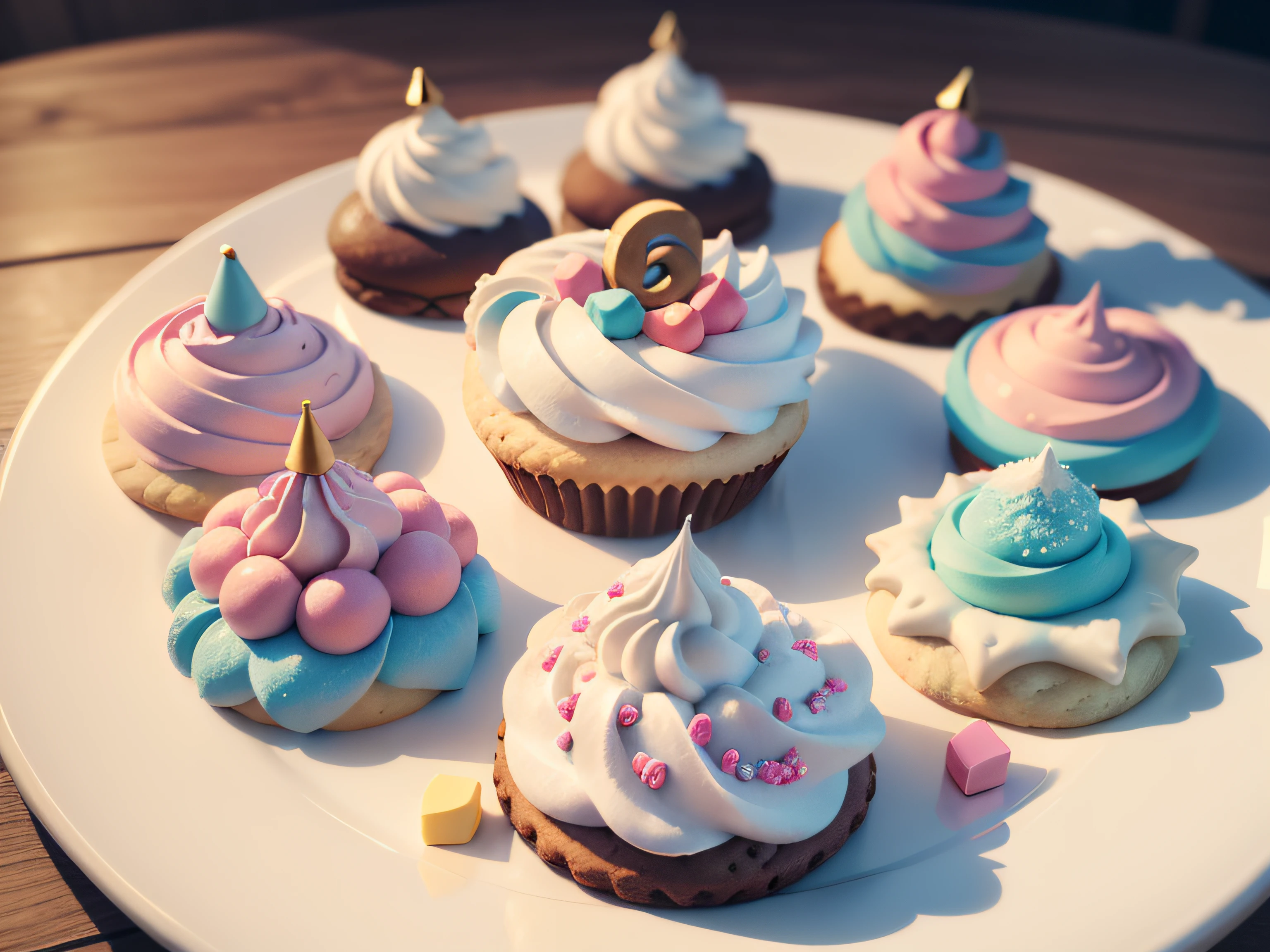 Tableau with birthday themed icing cookies, In a variety of shapes and colors, Realistically rendered, photo-like style.