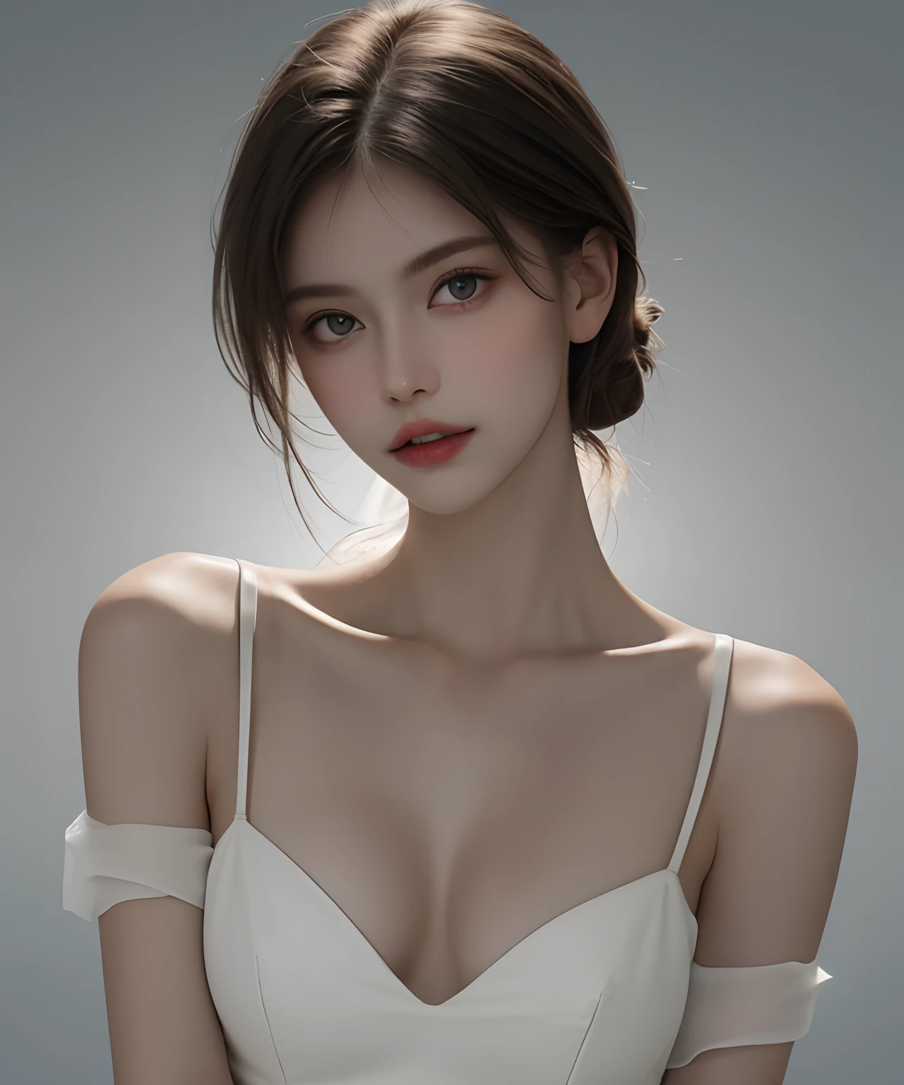 Fashion model 25 years old, [Close-up]]]], [[Chest]]]], [Neck]]]], [Shoulder]]]], perfect eyes, perfect iris, perfect lips, perfect teeth, perfect skin, soft front light, glow, HDR, (muted colors: 1.2)