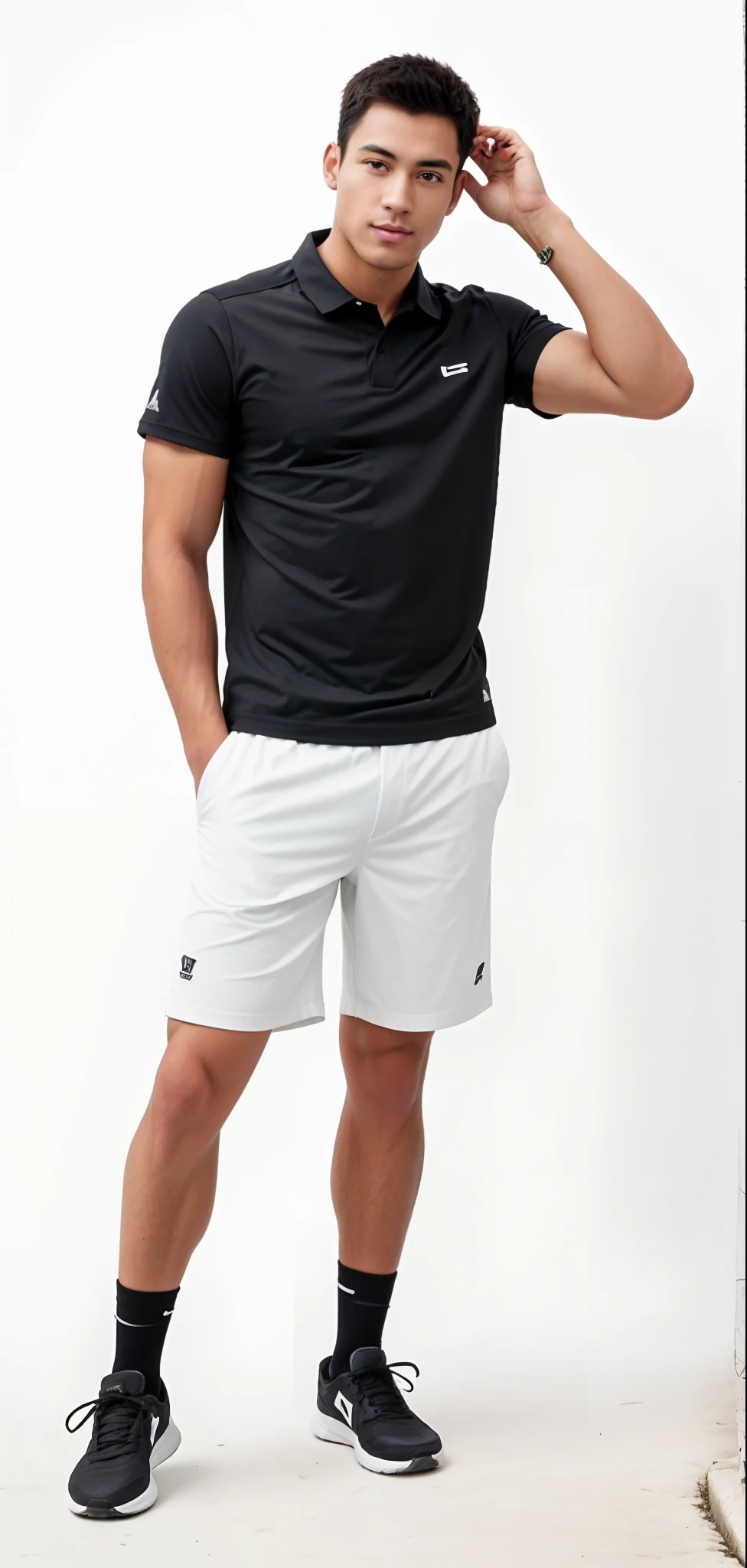 um homem de camisa preta e bermuda branca posando para uma foto, vestindo bermuda e camiseta, vestindo shorts de golfe, de bermuda, wearing black shorts, athletic shorts, roupas esportivas, Jovem com short, usando equipamento de fitness, sport shorts, tennis wear, roupas esportivas, pele bronzeada uma camiseta e shorts, roupas brancas e pretas, short pants