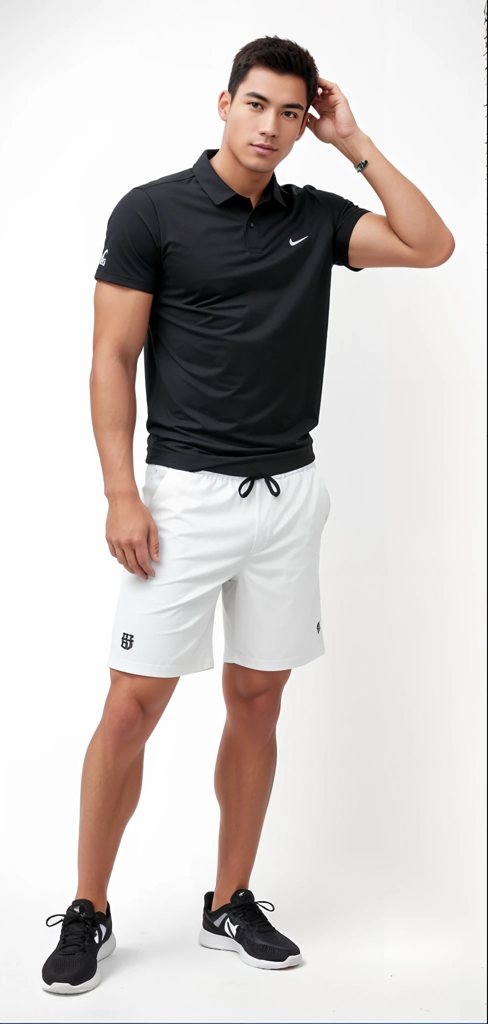 um homem de camisa preta e bermuda branca posando para uma foto, vestindo bermuda e camiseta, vestindo shorts de golfe, de bermuda, wearing black shorts, athletic shorts, roupas esportivas, Jovem com short, usando equipamento de fitness, sport shorts, tennis wear, roupas esportivas, pele bronzeada uma camiseta e shorts, roupas brancas e pretas, short pants