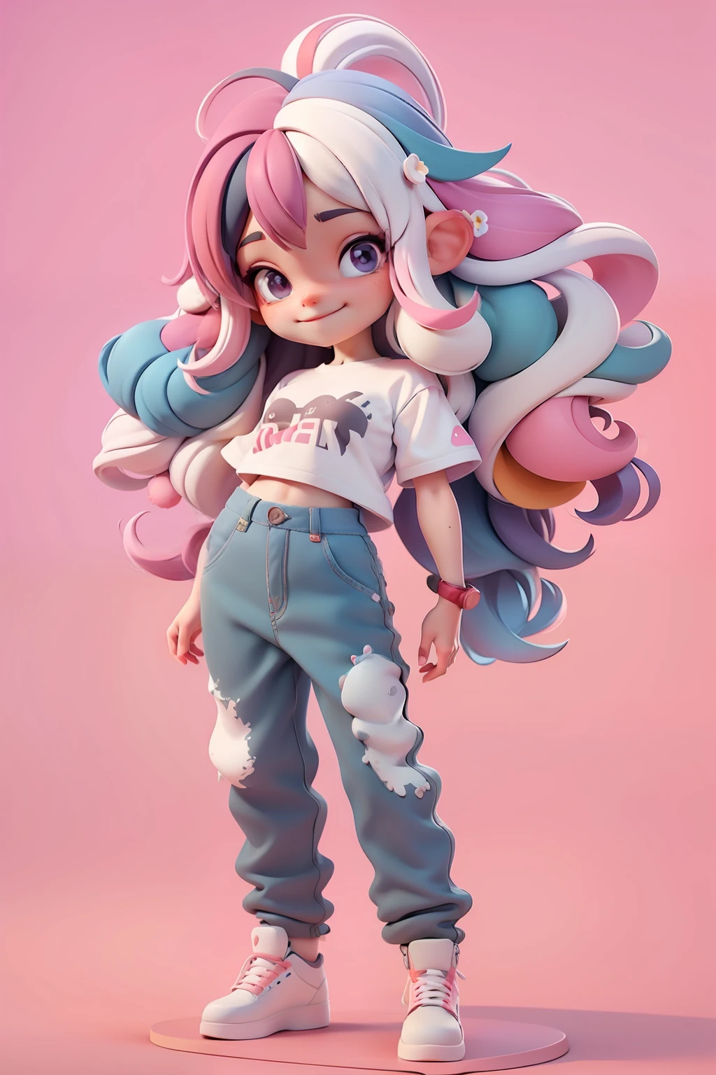 Avatar multicolor, tons multicolor, cabelo preso, sorriso meigo e delicado, vestida com moletom, pants and t-shirt, corpo inteiro, pele escura e olhos delicados e definidos,cartoon 3D com blusa delicada, casaco peludinha, cabelos multicolor, fundo simples e branco