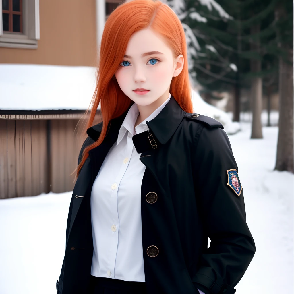 Wearing white shirt, black sweater, vest, black pleated skirt, black stockings，Wear a khaki trench coat with an open ring outside，Ginger red hair，Delicate figure，Snow-white skin，blue color eyes，Delicate facial features，Height 1.78-meter-old 17-year-old Greek girl