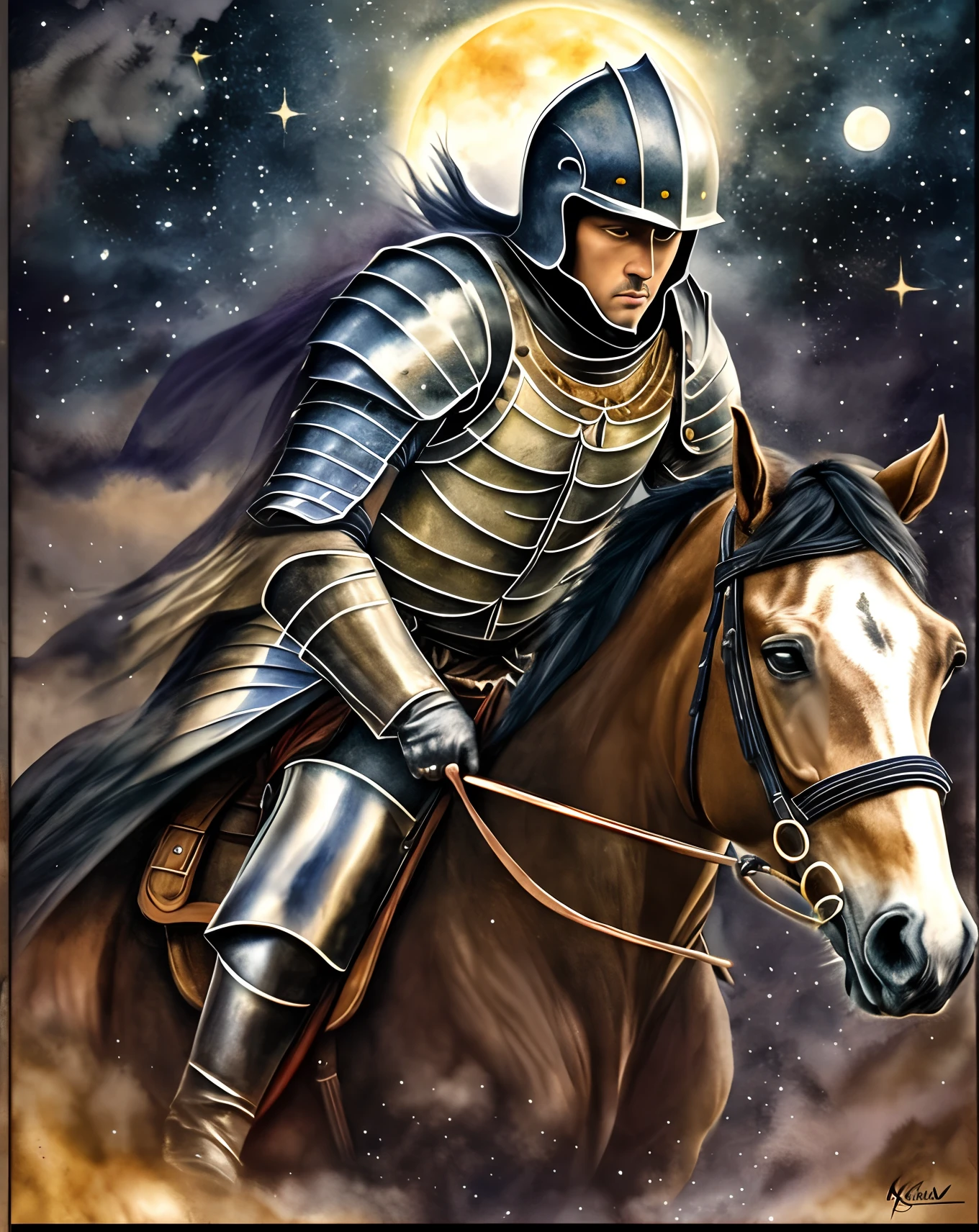A knight mounted on a black horse rushing through the moonlight. The knight is wearing shining armor and a crested helmet. The horse is large and muscular with a glossy black coat. The sky is full of stars and the moon is full. The setting is a dark and gloomy forest. The rider is running towards the horizon, head high and shoulder confident. He's on a mission and he won't stop until he achieves it. Watercolor technique, poster design, 300 dpi, soft lighting, ethereal art, mysterious, serene expression, enchanting atmosphere, bokeh, photo, 8k, dark, dynamic action, faded pale style, dreamy nostalgic, soft focus, dark vignettes, fugues of light, medium photography, ethereal, whimsical spiritual art painting, grainy photo. --auto --s2