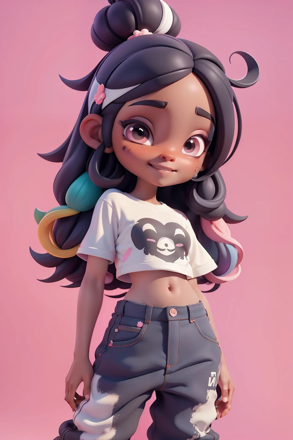 Avatar loli negra multicolor, tons multicolor, sorriso meigo e delicado,  vestida com moletom, pants and t-shirt, corpo inteiro, pele escura e olhos delicados e definidos,cartoon 3D com blusa delicada, casaco peludinha, cabelos multicolor, fundo simples e branco
