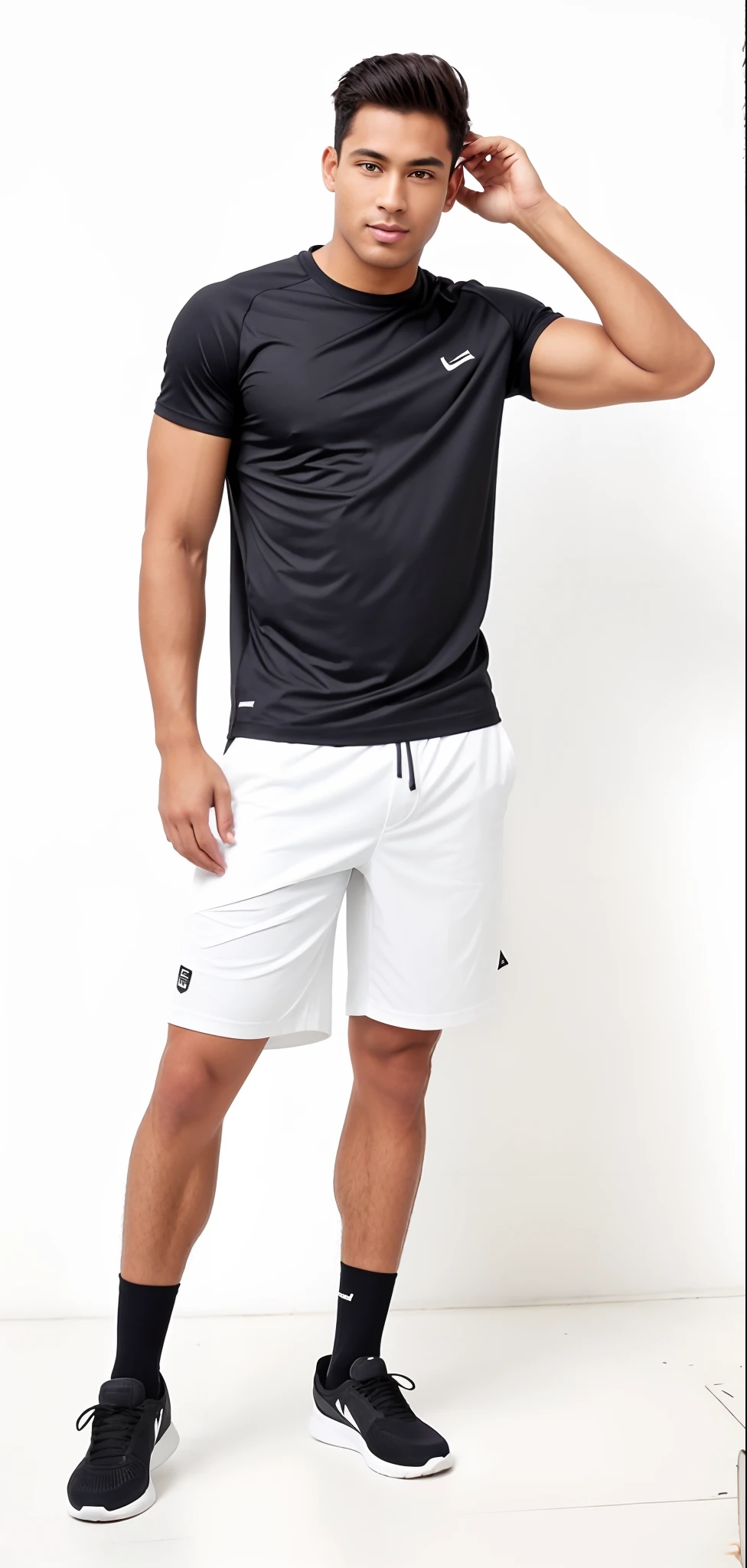um homem de camisa preta e bermuda branca posando para uma foto, vestindo bermuda e camiseta, vestindo shorts de golfe, de bermuda, wearing black shorts, athletic shorts, roupas esportivas, Jovem com short, usando equipamento de fitness, sport shorts, roupas esportivas, pele bronzeada uma camiseta e shorts, roupas brancas e pretas, short pants