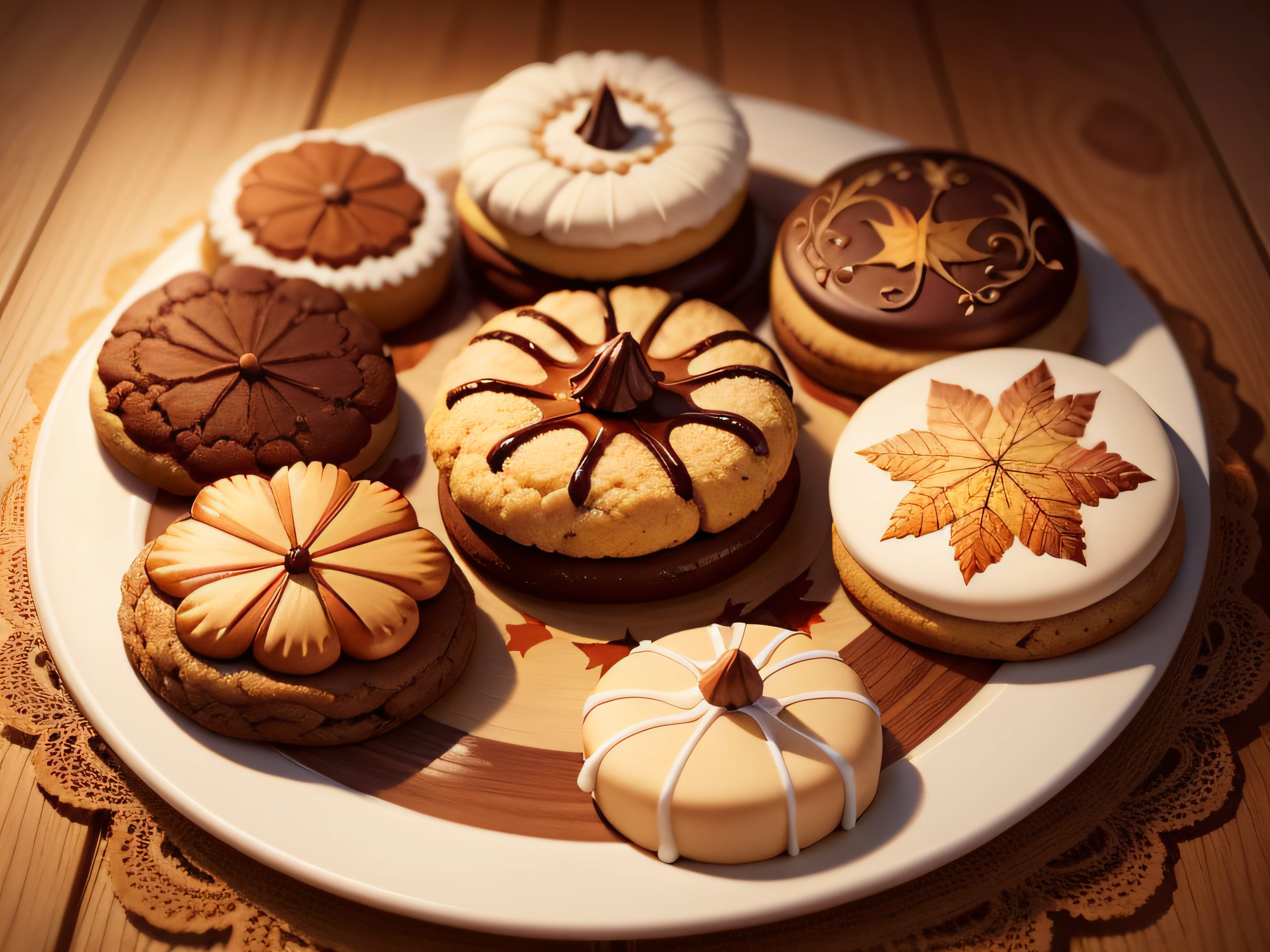 Tableau with autumn-themed icing cookies, In a variety of shapes and colors, Realistically rendered, photo-like style.