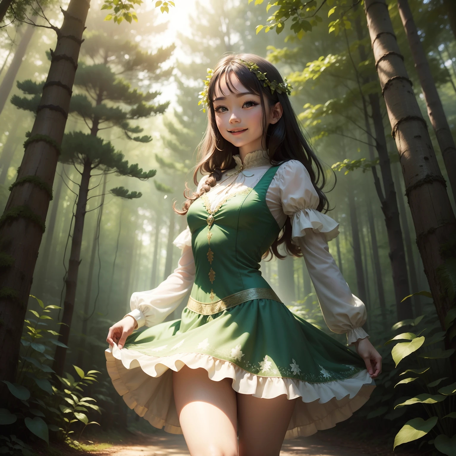 Dance in the forest, Full body photo of gentle beautiful smiling fairy in dress