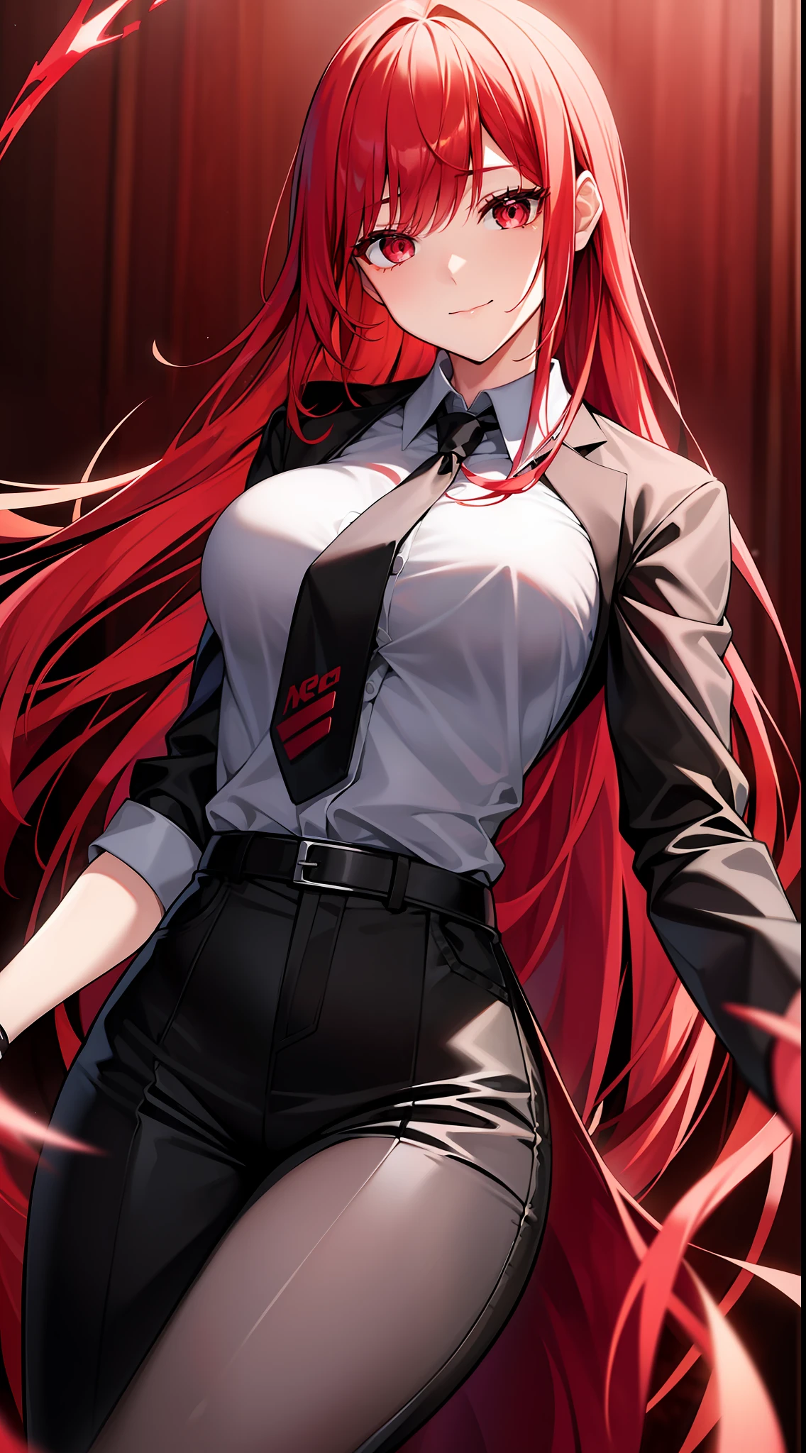 a woman with long pink hair wearing a tie, long crimson hair,makima, crimson red hair and red eyes, long flowing red hair, makima from chainsaw man,waifu, very long flowing red hair, beautiful android woman, red crimson crimson hair, beautiful female android, flowing red hair, female investigator, long glowing red hair, female spy, crimson hair, neo, mafia background hyper detailed