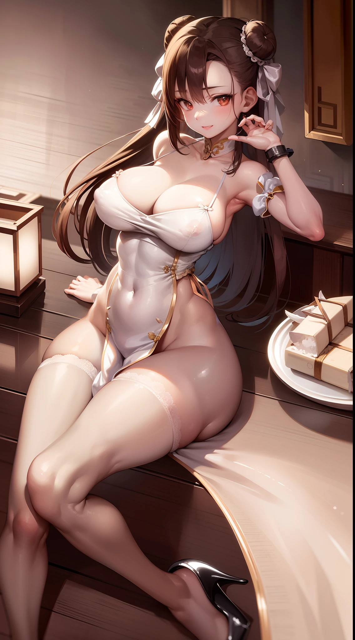 masterpiece, top-quality, face perfect, White sclera and perfect brown eyes, Bad hands-5, 独奏, 1girl in, The upper part of the body, brown haired, SF2 Chun, Chinese clothing, a smile, wide waist, muscularwoman, blue clothing, panthyhose, pelvis curtain, puffy short sleeves, bun covers, Sash, g-cup, nsfw, teats, photorealistic, a picture, nude,