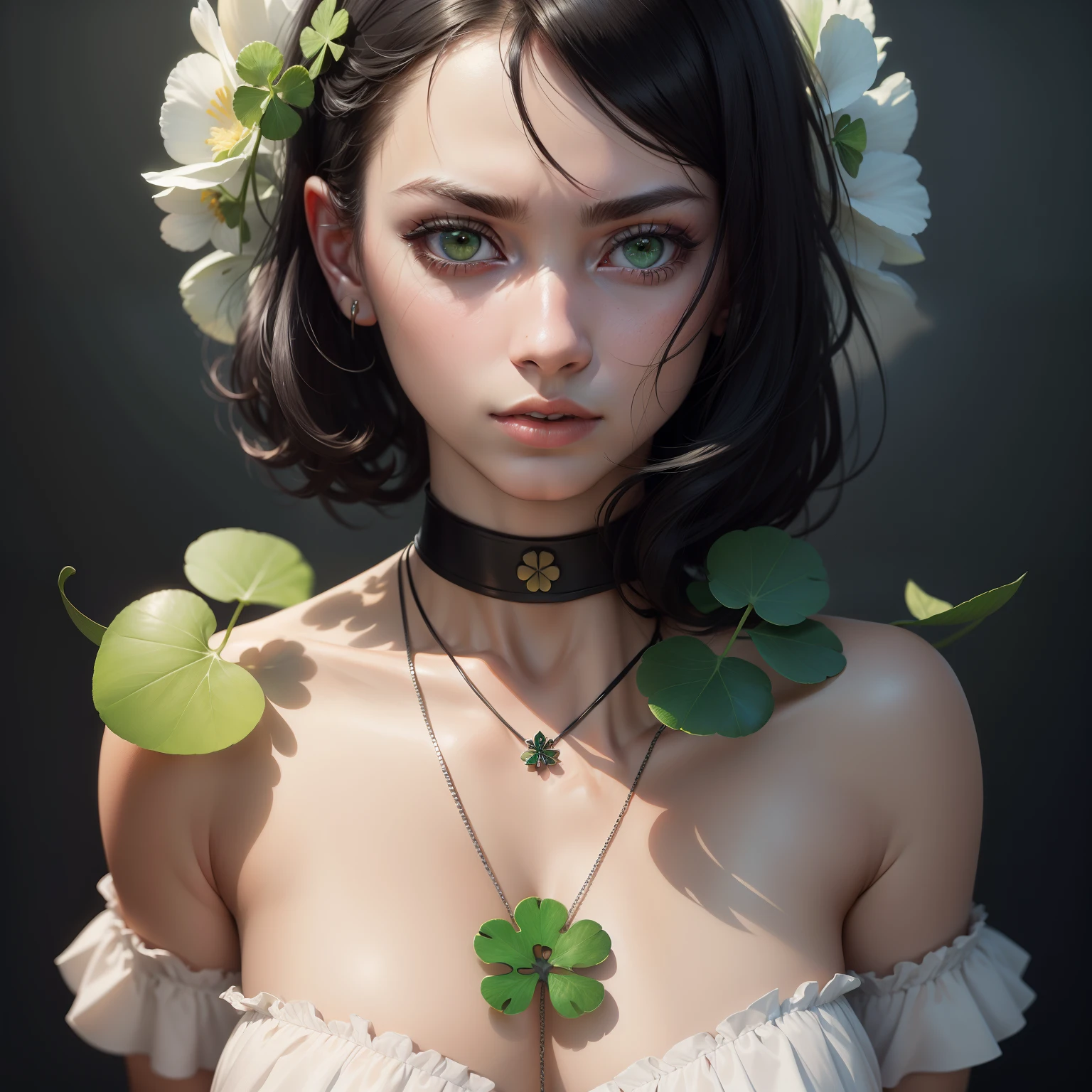 4K, Masterpiece, A high resolution, absurderes, 1girll, Solo, view the viewer, Simple background, Black hair, White background, Green eyes, Upper body, choker necklace, Lips, Exaggerated four-leaf clover necklace, ,Realistic, With Ed Marquis hairstyle,Face focus,