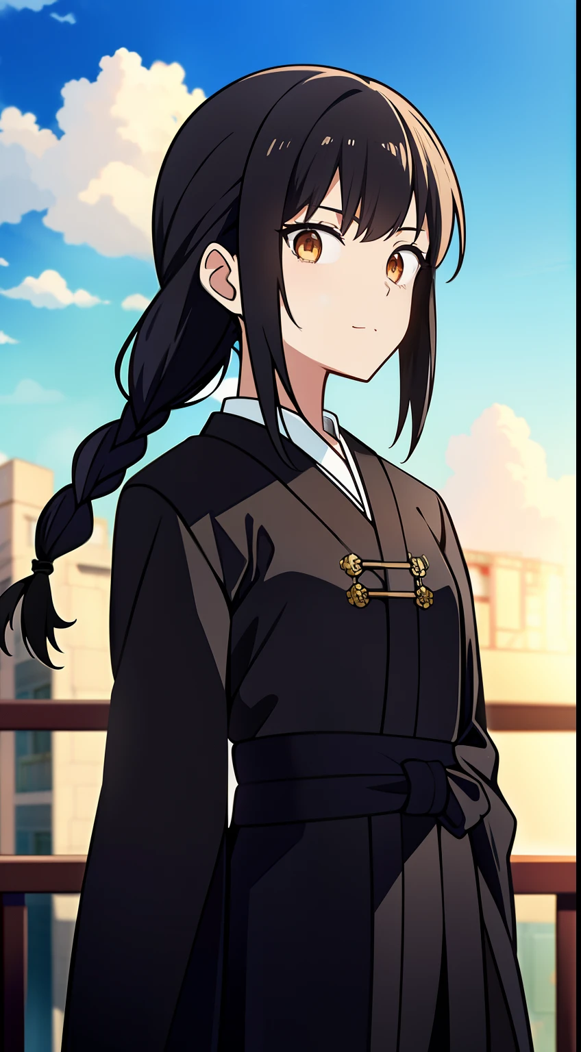 1girll,Small strands of hair on the sides of the hair,black color hair,long whitr hair,Hair tied up,Single horsetail,Hair to the waist,The eyes are stern,high quality head,Wear a wide Chinese coat,obi strip,Carrying a long sword behind his back,Put your hands together in front of your chest,extreme hight detail,high qulity,Faint clouds around the background,