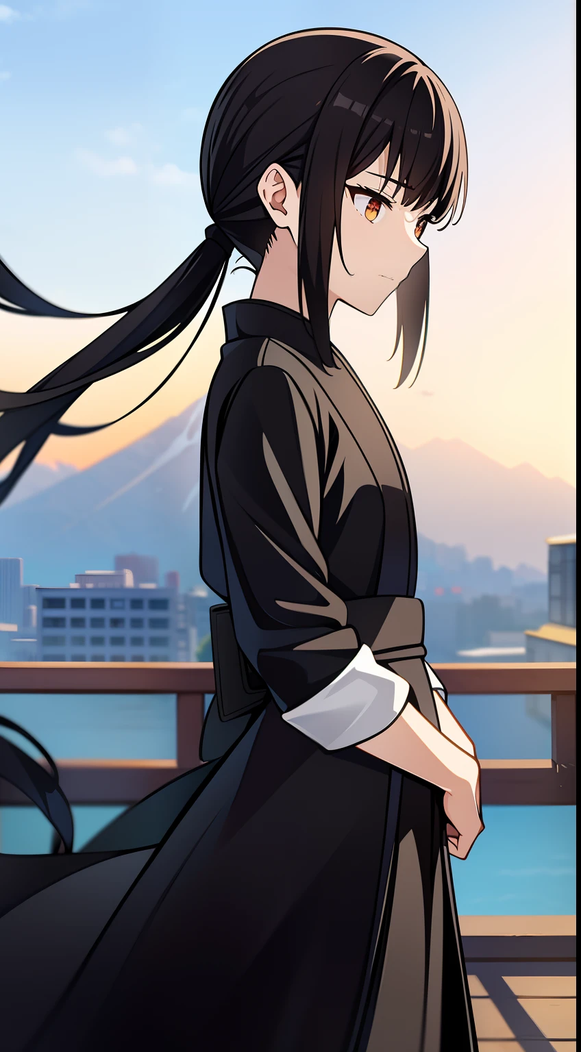 1girll，Small strands of hair on the sides of the hair，black color hair，long whitr hair，Hair tied up，Single horsetail，Hair to the waist，The eyes are stern，high quality head，Wear a wide Chinese coat，obi strip，Carrying a long sword behind his back，Put your hands together in front of your chest，extreme hight detail，high qulity，Faint clouds around the background，