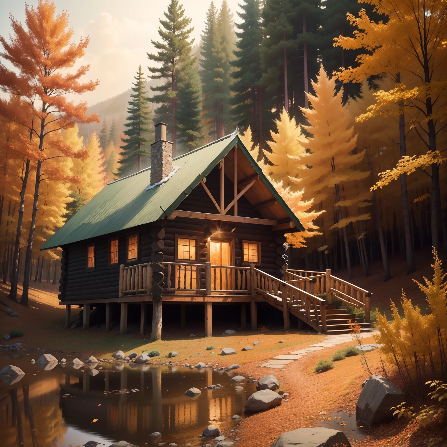 There is a cabin in the forest, autumn season